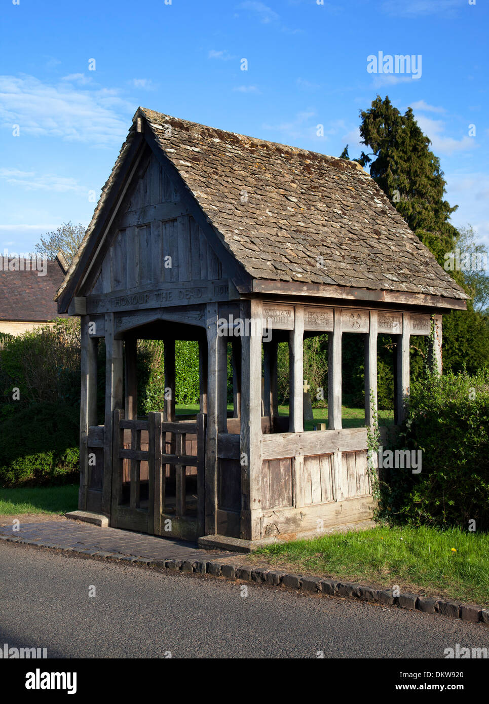 Chiesa Lychgate, Long Marston chiesa, Warwickshire, Inghilterra. Foto Stock