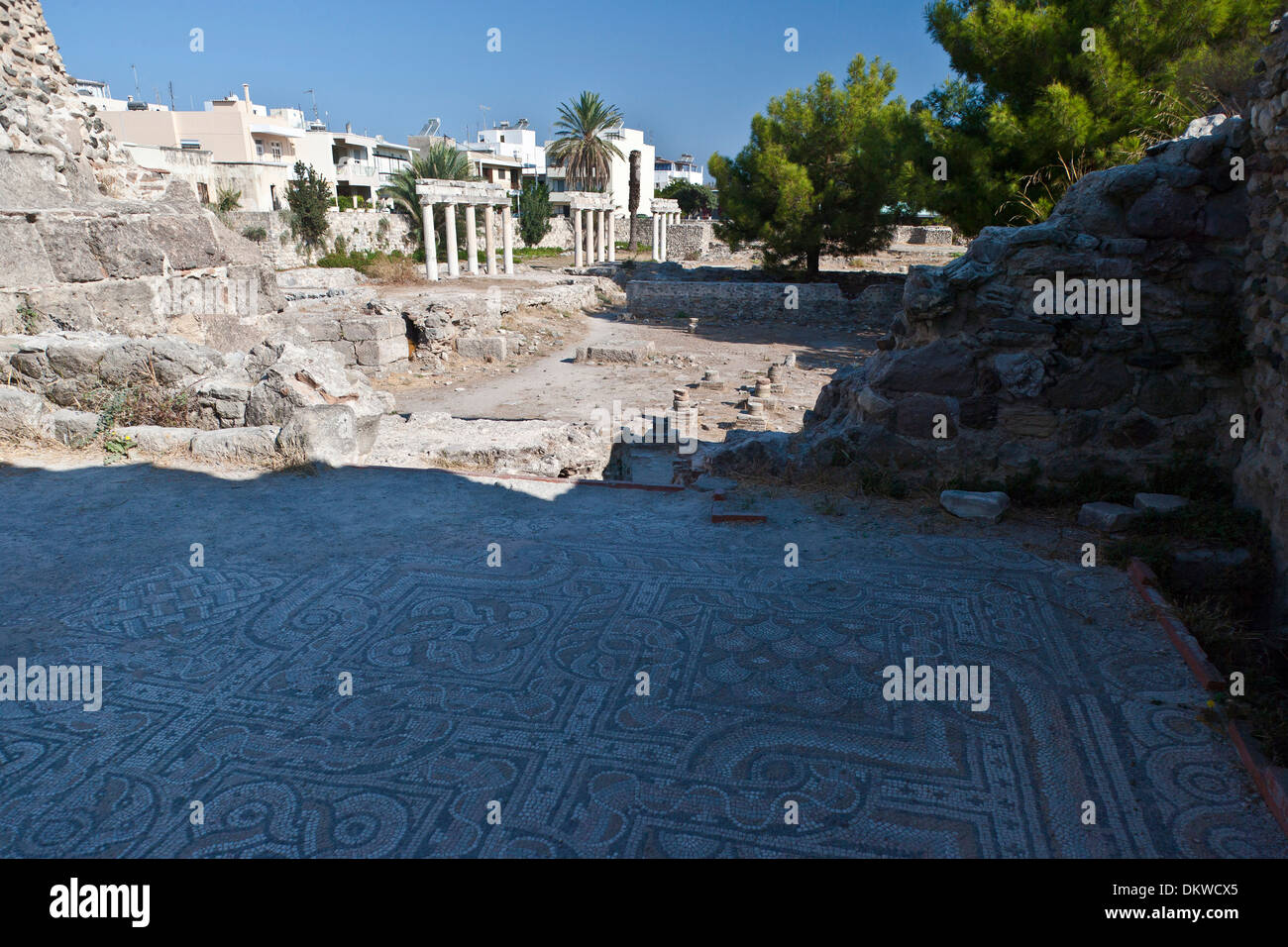 Kos Agora Archeologia Archeologia park di scavo del sito di scavo la copertura del pavimento e rappresentazione piano di dettaglio grecia Europa porto Foto Stock