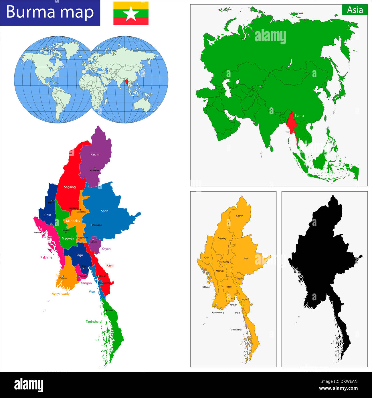 Mappa di Birmania Foto Stock