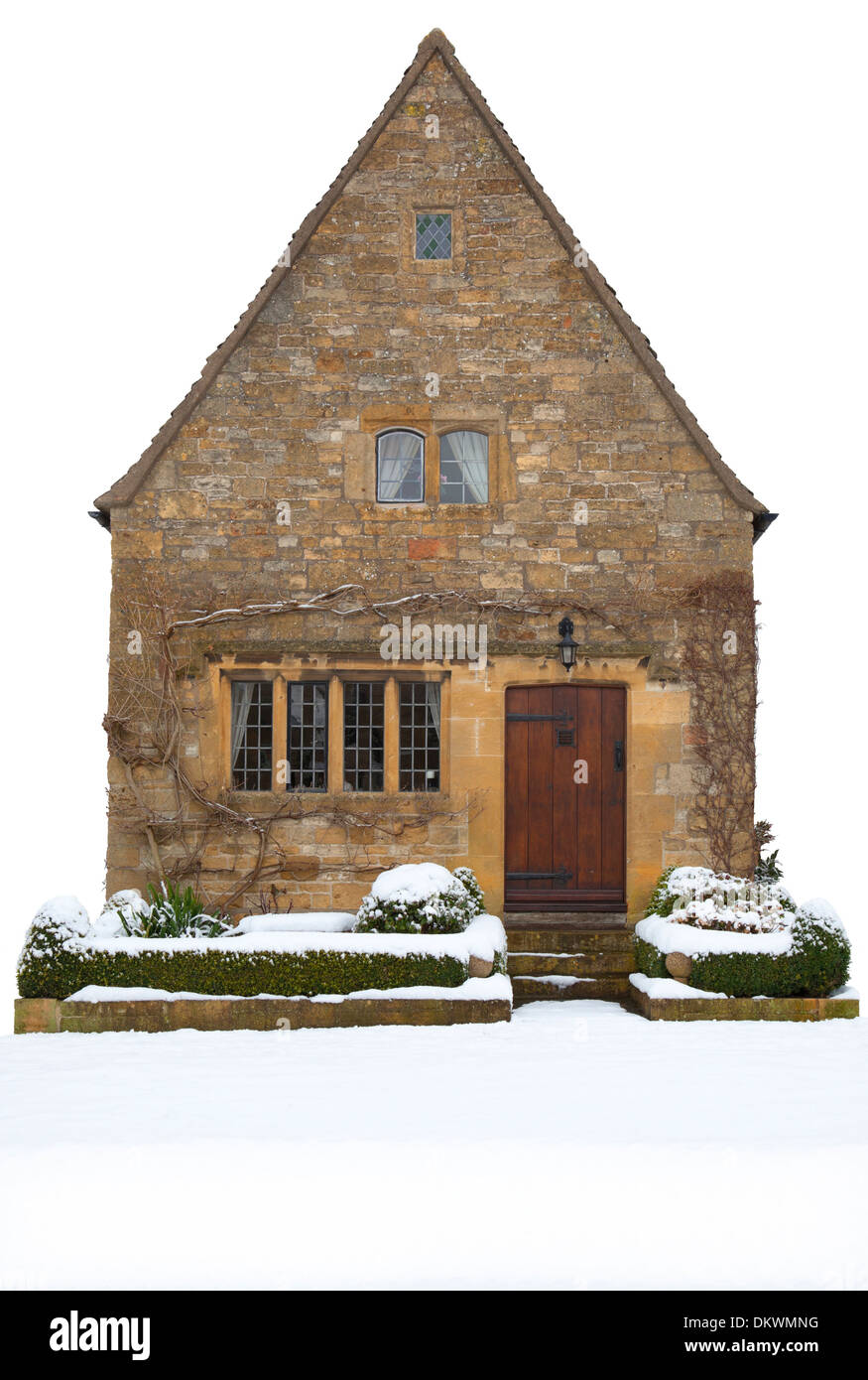 Piccolo Cotswold cottage cut-out su sfondo bianco, Broadway, Worcestershire, Inghilterra. Foto Stock