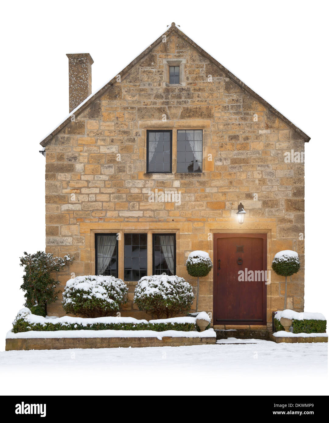 Piccolo Cotswold cottage cut-out su sfondo bianco, Broadway, Worcestershire, Inghilterra. Foto Stock