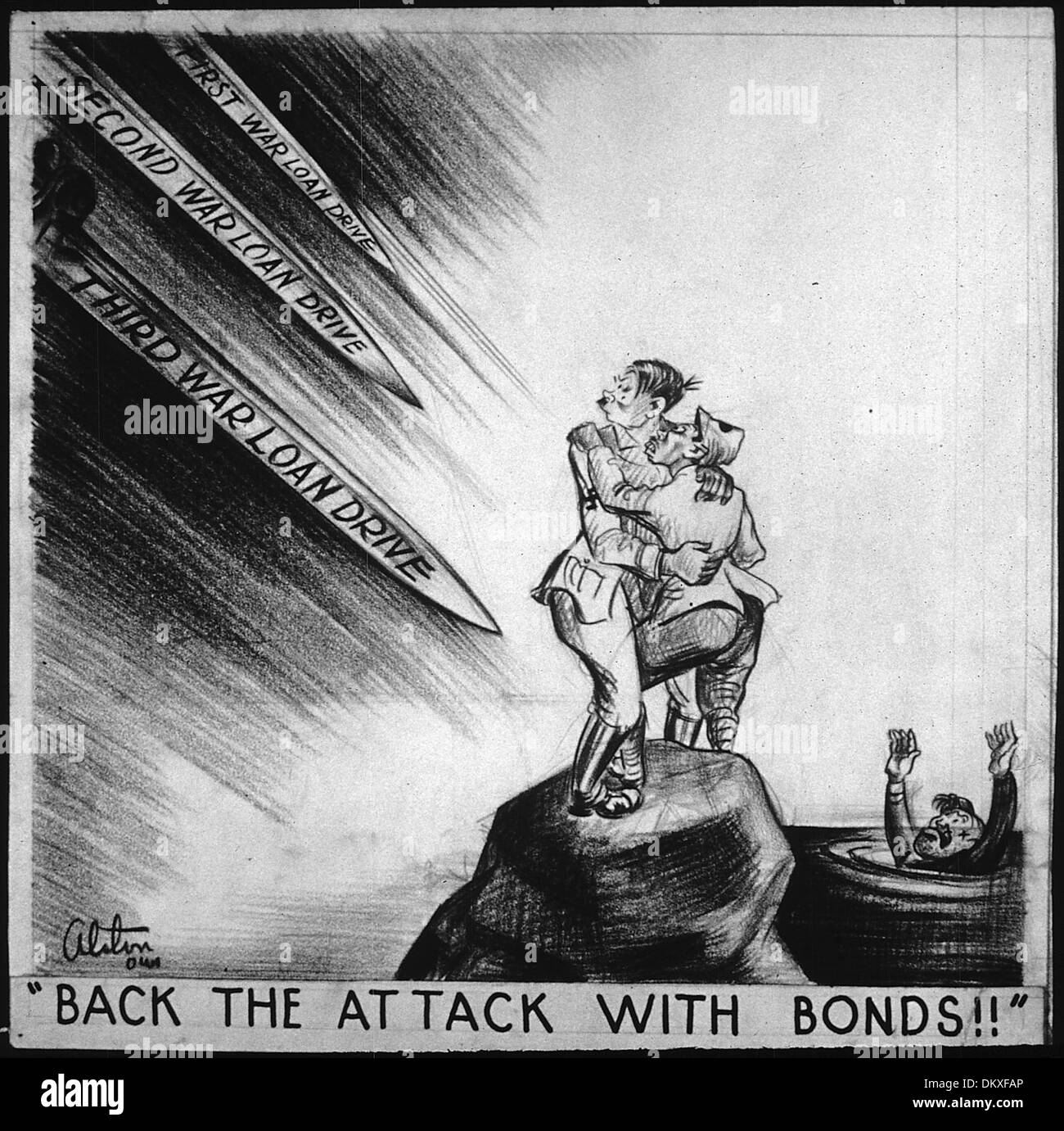 Un poster dell'era della seconda guerra mondiale che esortava i cittadini americani a sostenere lo sforzo bellico acquistando obbligazioni di guerra. Lo slogan promuove l'unità nazionale e il sostegno finanziario durante la guerra. Foto Stock