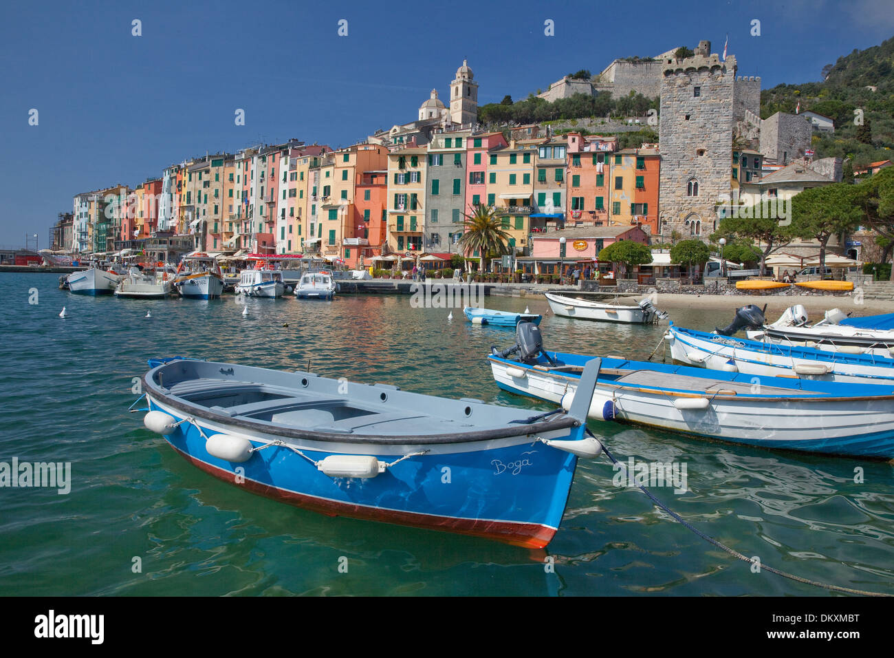 L'Europa, villaggio, sul mare Portovenere, barche, Italia, UNESCO patrimonio mondiale, costa, Cinqueterre, Mediterraneo, mare, Foto Stock