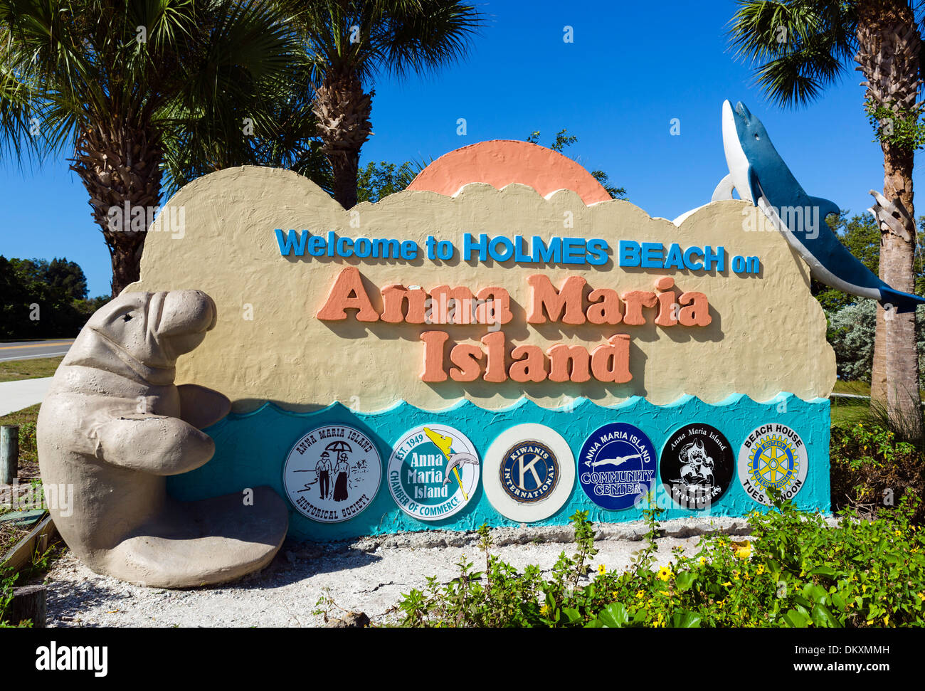 Benvenuto a Anna Maria Island segno a Holmes Beach sulla SR 64, Anna Maria Island, Manatee County, costa del Golfo della Florida, Stati Uniti d'America Foto Stock