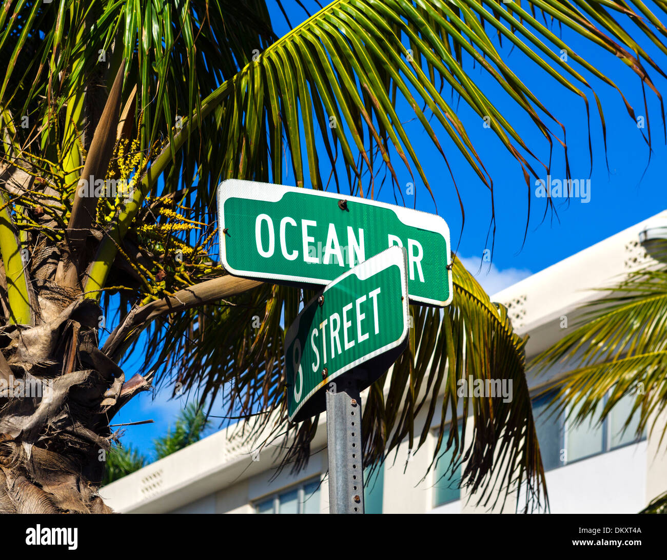 Ocean Drive un cartello stradale all incrocio con la 8th Street, Quartiere Art Deco di South Beach, Miami Beach, Florida, Stati Uniti d'America Foto Stock
