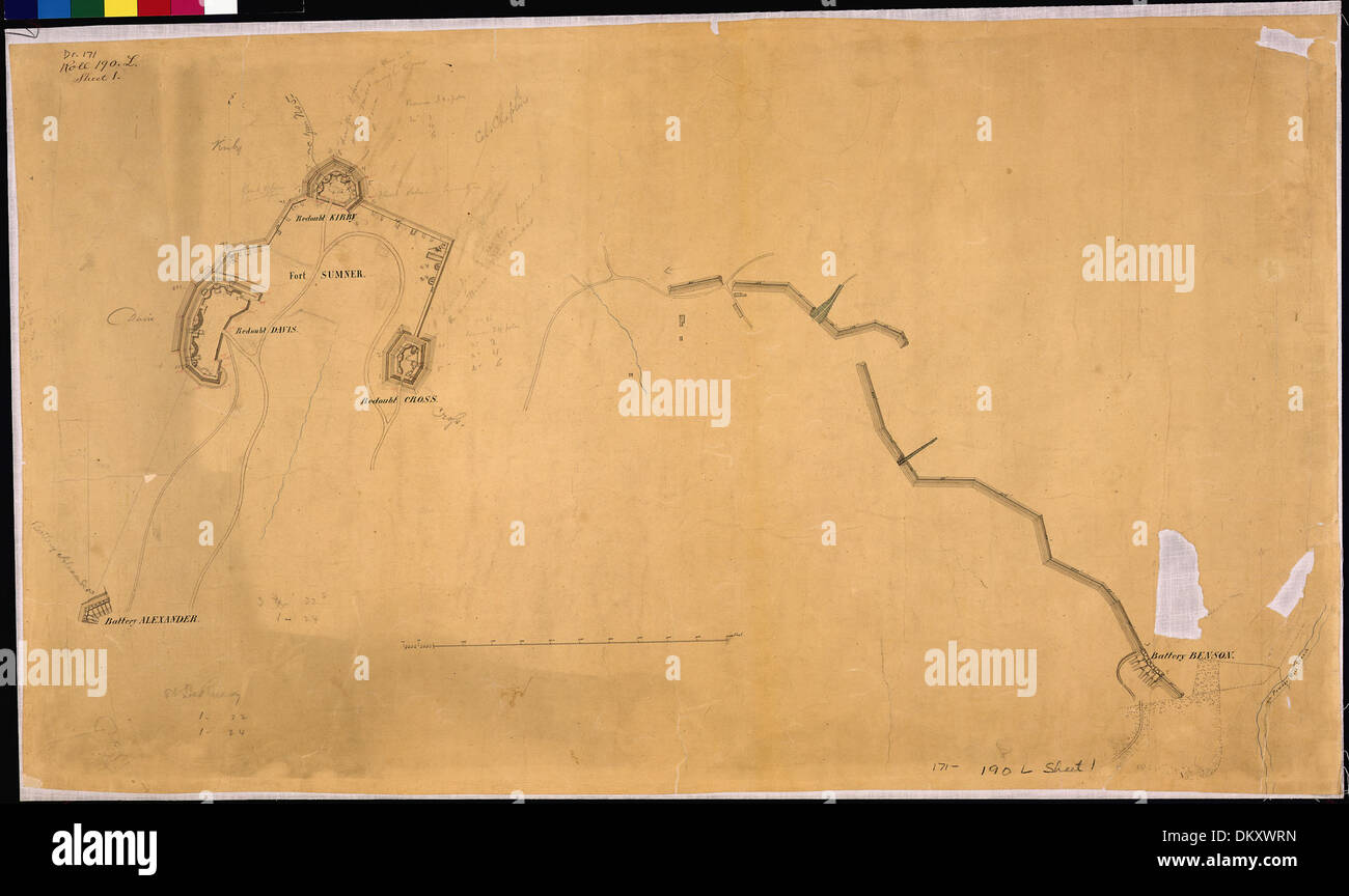 Un piano dettagliato di Fort Sumner nella contea di Montgomery, che evidenziava la Redoubt Cross, Davis e Kirby, così come le vicine posizioni dei fucili, illustrando la disposizione difensiva del forte durante la guerra civile. Foto Stock