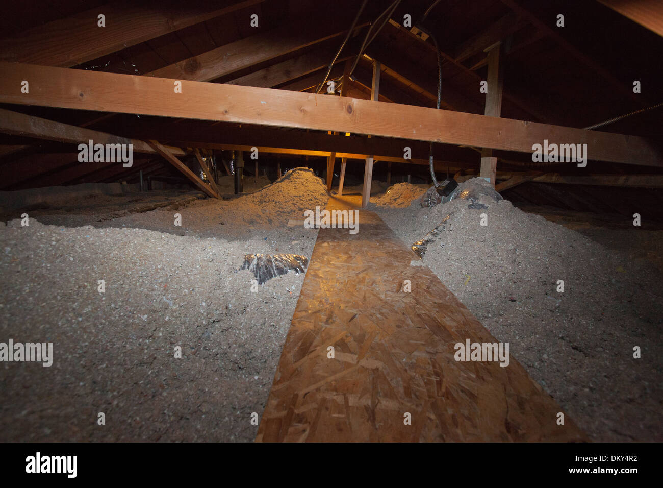 Loose-isolante di riempimento nella soffitta della casa verde che è al di fuori della griglia. Los Angeles, California, Stati Uniti d'America Foto Stock