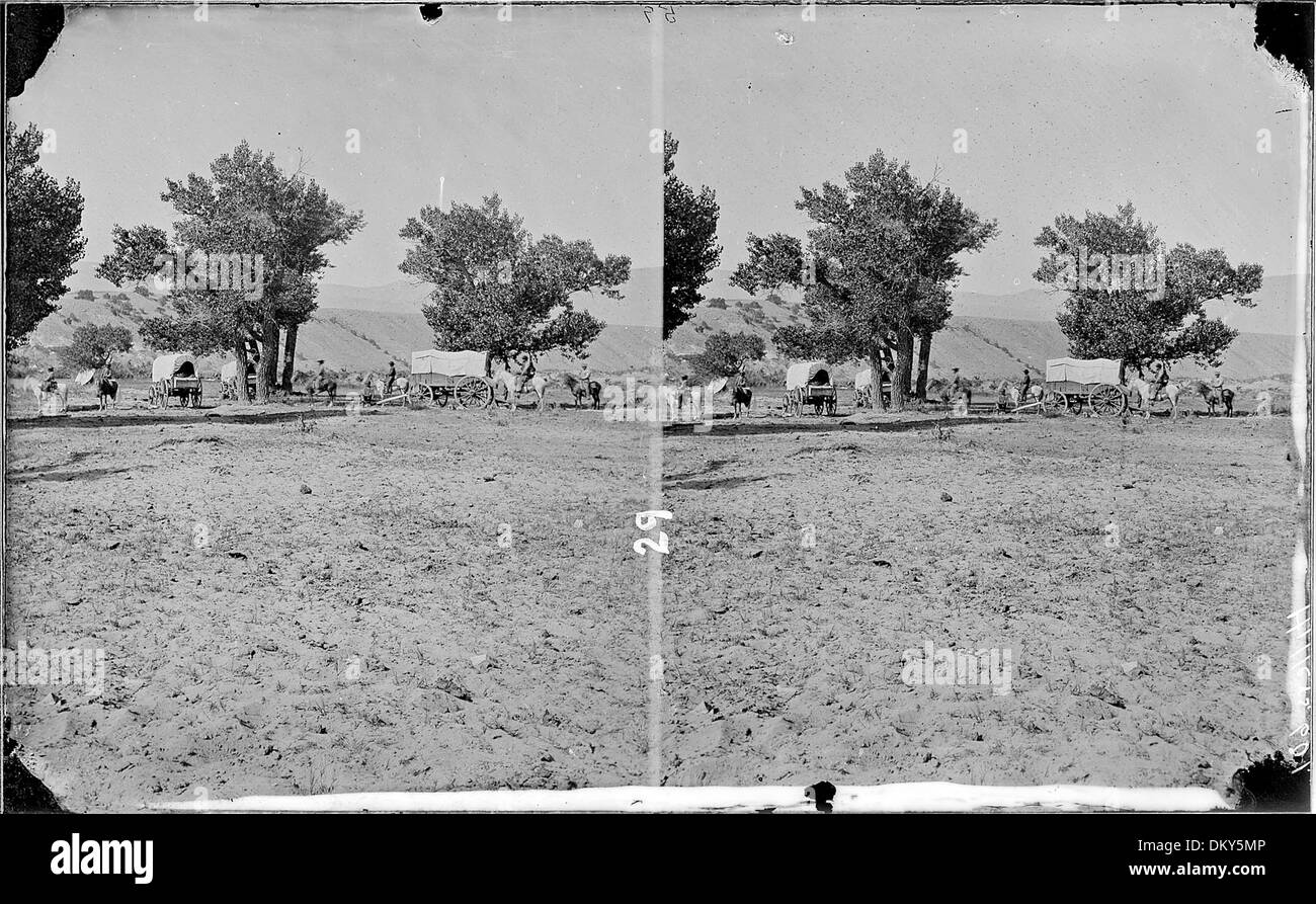 Harrell's Camp. Brown's Park, Wyoming 1871. 3 carri coperti, 5 uomini montati su cavalli (cavallo estrema sinistra della foto... 517870 Foto Stock