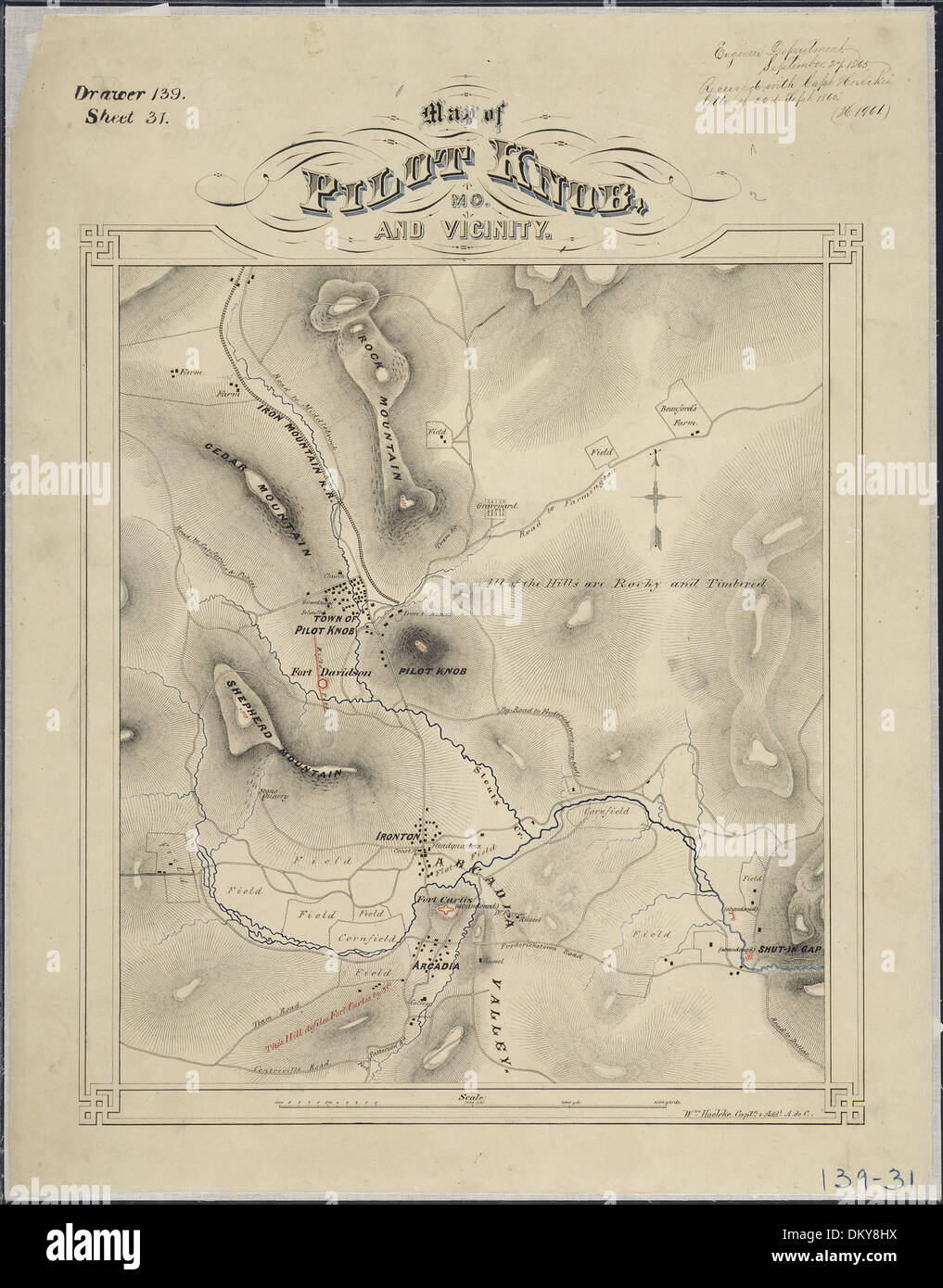 Una mappa che mostra Pilot Knob, Missouri, e le aree circostanti. La mappa, creata da WM. Hoelcke e il capitano A. de C. descrivono la topografia e le caratteristiche di questa regione a metà degli anni '1800 Foto Stock