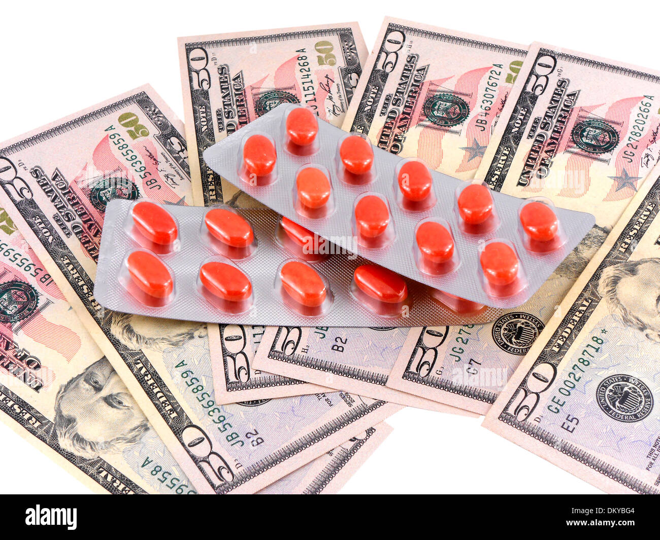 Medical pillole sulla banca di dollari nota come simbolo per costi elevati Foto Stock