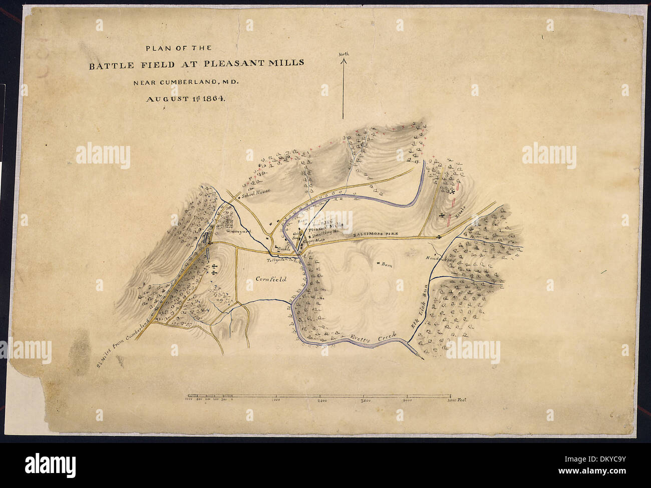 Una mappa dettagliata del campo di battaglia a Pleasant Mills vicino a Cumberland, Maryland, raffigurante la disposizione e le posizioni chiave durante la battaglia della guerra civile il 1 agosto 1864. Foto Stock