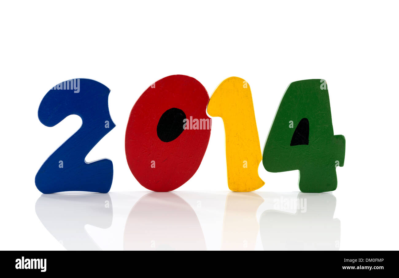 Il testo nuovo anno 2014 in lettere in legno blu rosso verde giallo Foto Stock