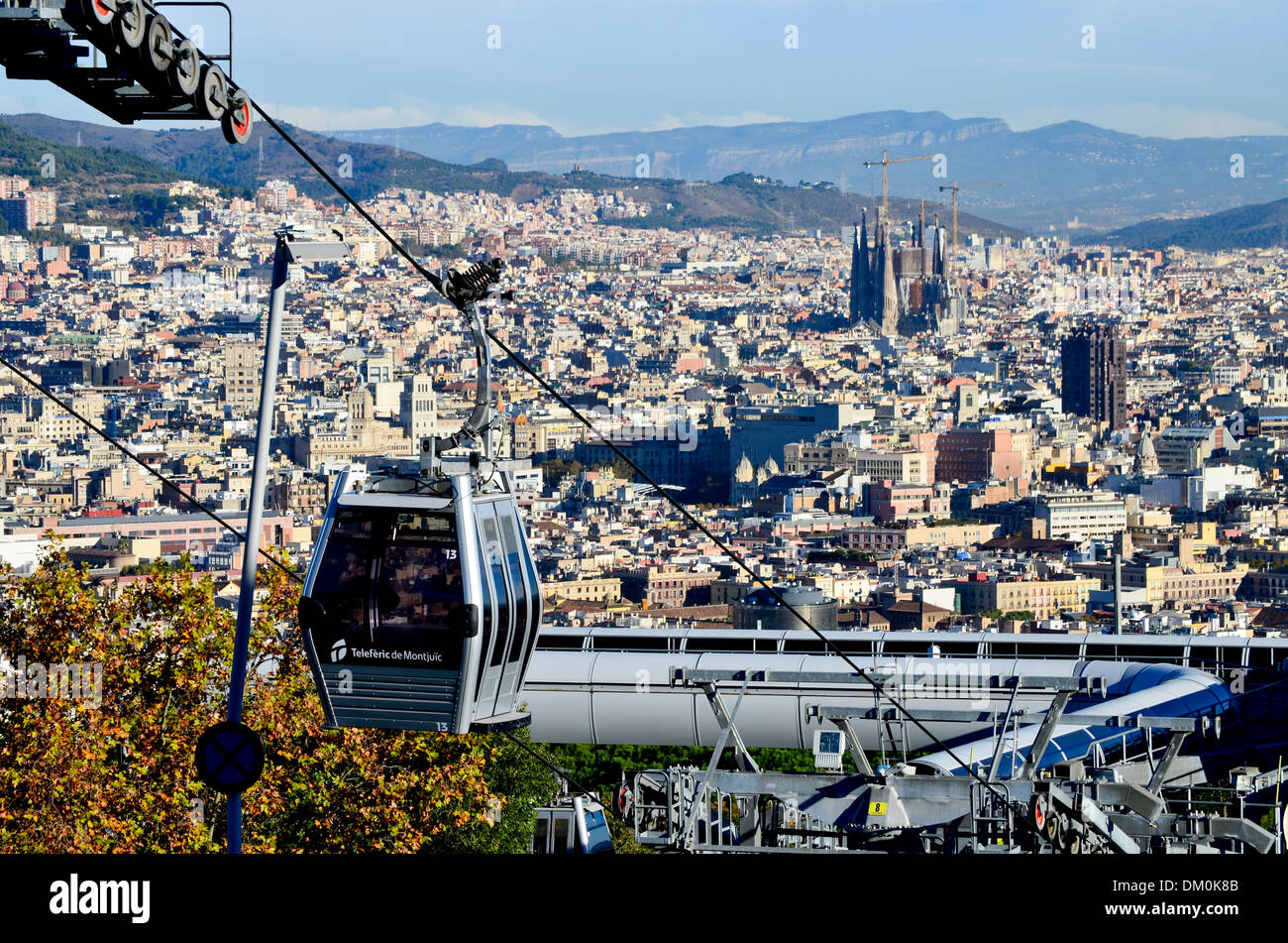 Montjuic linea tramviaria, paesaggio urbano. Barcellona, in Catalogna, Spagna. Foto Stock