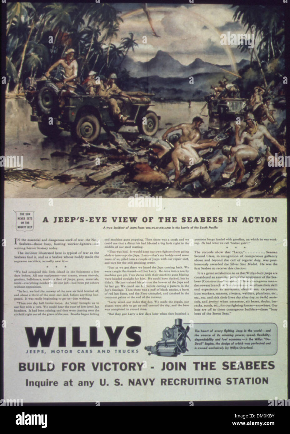 Questo poster propagandistico della seconda guerra mondiale raffigura i Seabee in azione, evidenziando i loro contributi alla costruzione in tempo di guerra e al sostegno militare, sottolineando l'importanza della logistica nello sforzo bellico. Foto Stock Questo poster propagandistico della seconda guerra mondiale raffigura i Seabee in azione, evidenziando i loro contributi alla costruzione in tempo di guerra e al sostegno militare, sottolineando l'importanza della logistica nello sforzo bellico. Foto Stock