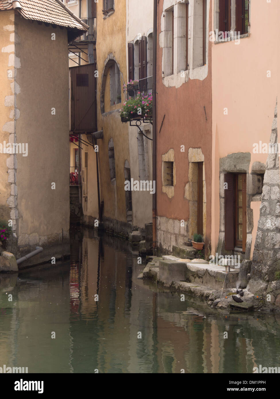 I dettagli di vecchie case tradizionali in colori pastello e il canale / fiume nella vecchia Annecy Francia Foto Stock