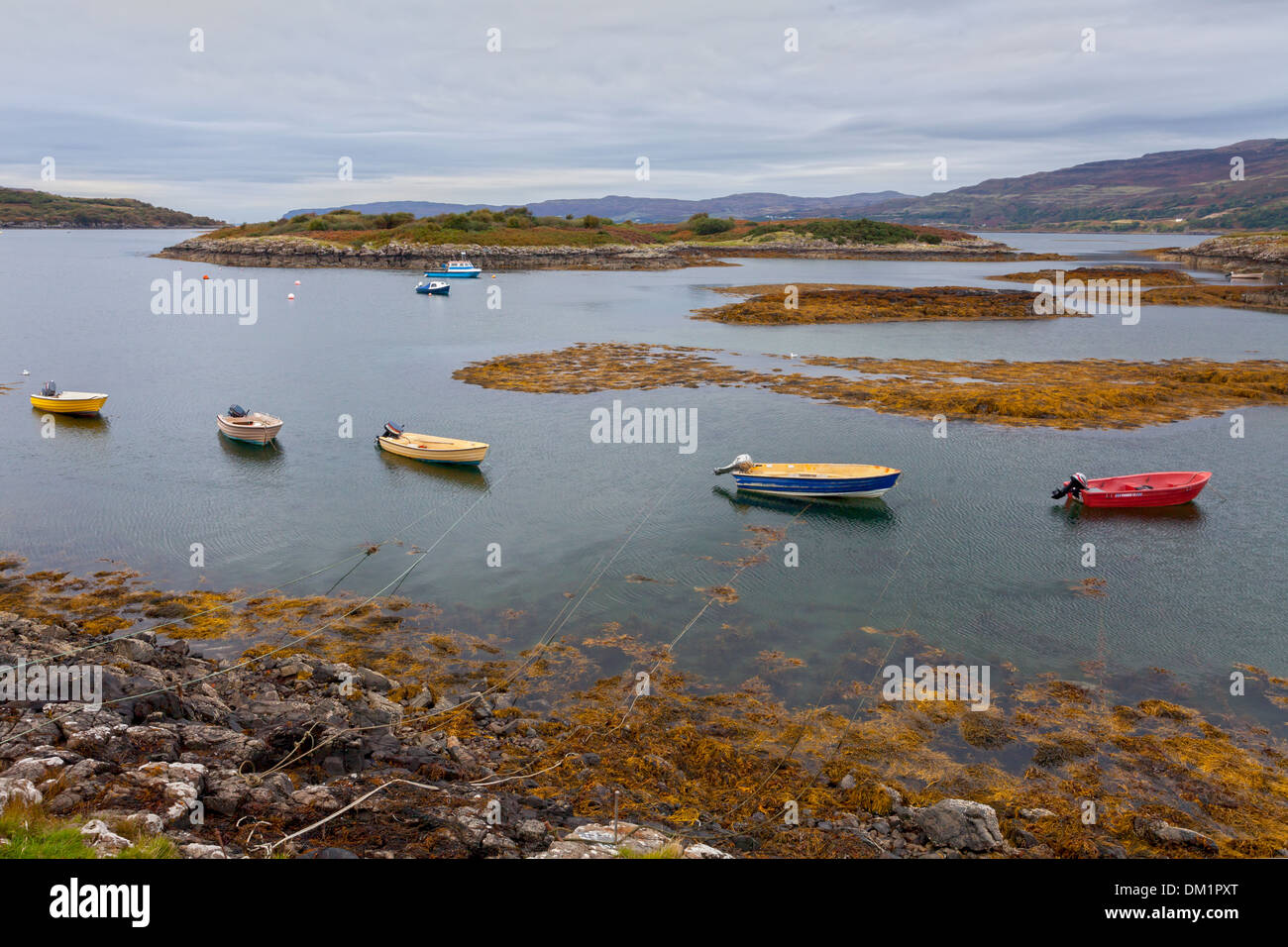 Piccole imbarcazioni con motori fuoribordo, ormeggiate vicino l'Ulva attracco a Mull, Ebridi Interne, Scozia. Foto Stock