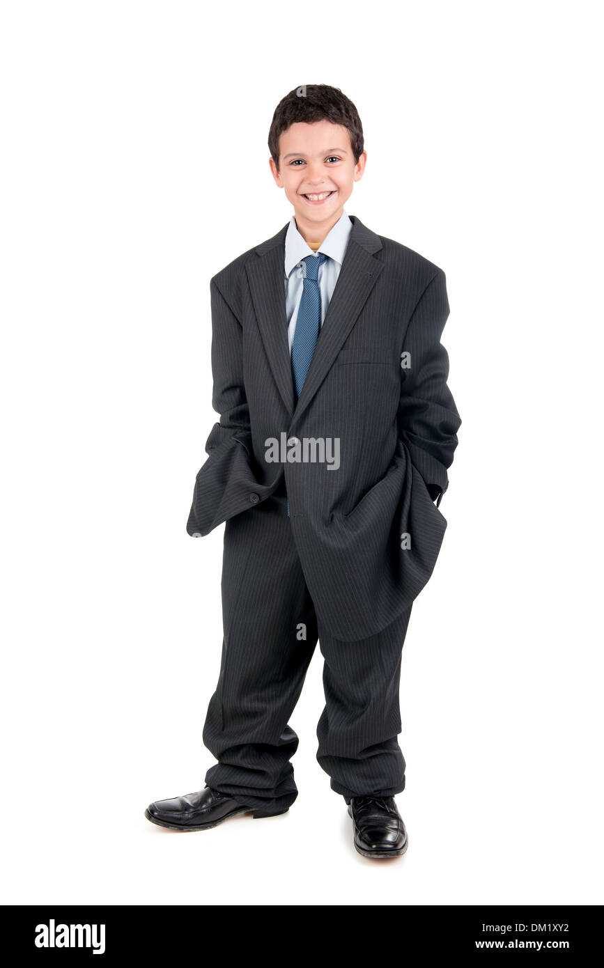 Ragazzo giovane vestito con un grande uomo la tuta Foto Stock