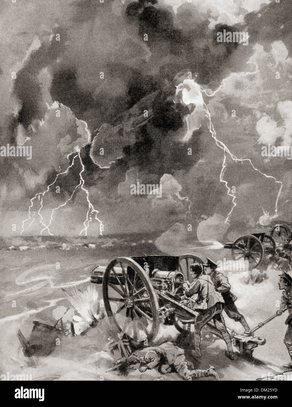 Soldati britannici combattendo in una tempesta nella prima battaglia della Marna, Francia durante la prima guerra mondiale. Foto Stock