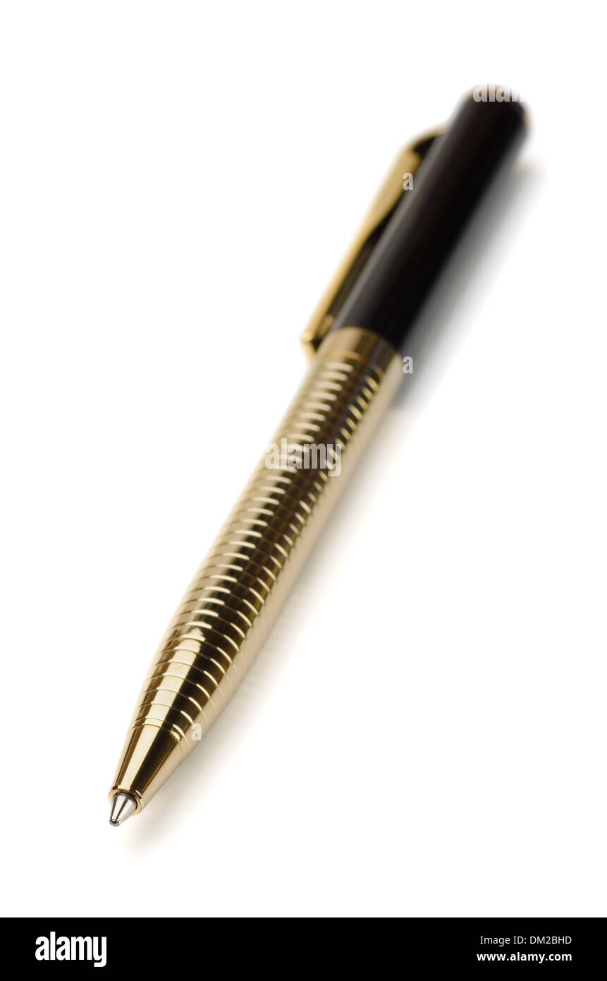 Golden penna biro isolato su bianco Foto Stock