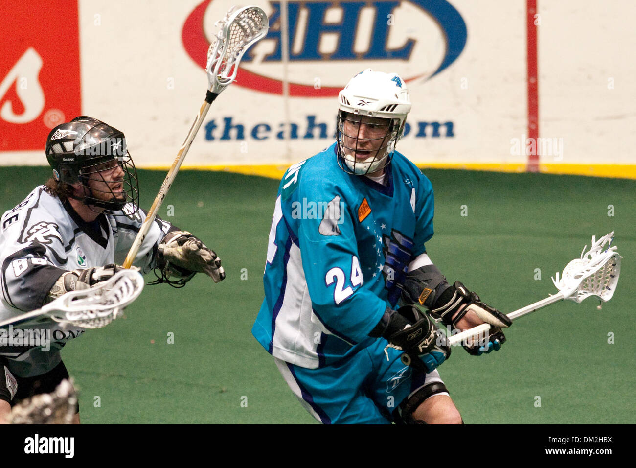 Rochester Knighthawks avanti John Grant Jr.(24) guarda al passato get Edmonton Rush Ian Hawksbee (88). Edmonton sconfitto Rochester 12-11 al Blue Cross Arena di Rochester, New York. (Credito Immagine: © Mark Konezny/Southcreek globale/ZUMApress.com) Foto Stock