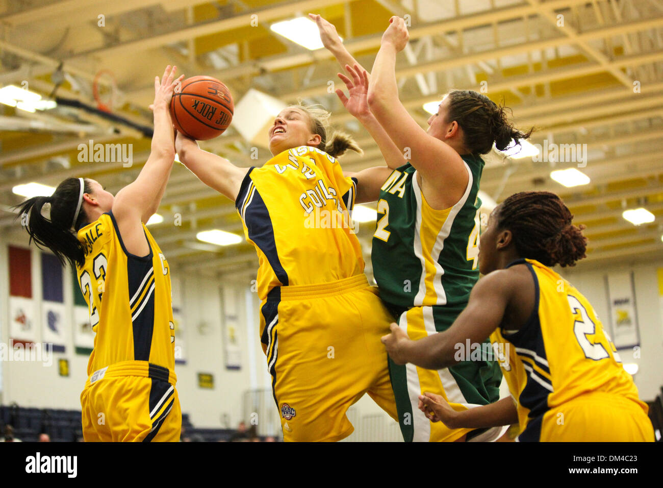 Canisio's Caitlin Krull (24) porta giù il rimbalzo come il suo compagno di squadra Micayla Drysdale (23), Siena della Cathy Cockrum (42), e Canisio's Ashley Durham (22) provare anche a portare il rimbalzo verso il basso nella prima metà. Canisio è in piombo 19-17 a Koessler Centro Atletico a Buffalo NY, STATI UNITI D'AMERICA; (credito Immagine: © Nicholas Serrata/Southcreek globale/ZUMApress.com) Foto Stock