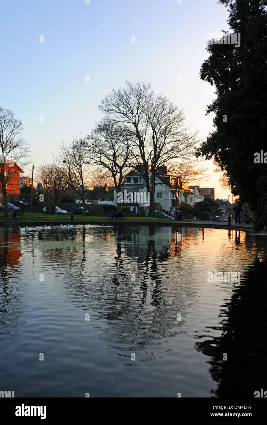 Il sole invernale sul Queens Park pond BRIGHTON REGNO UNITO Foto Stock