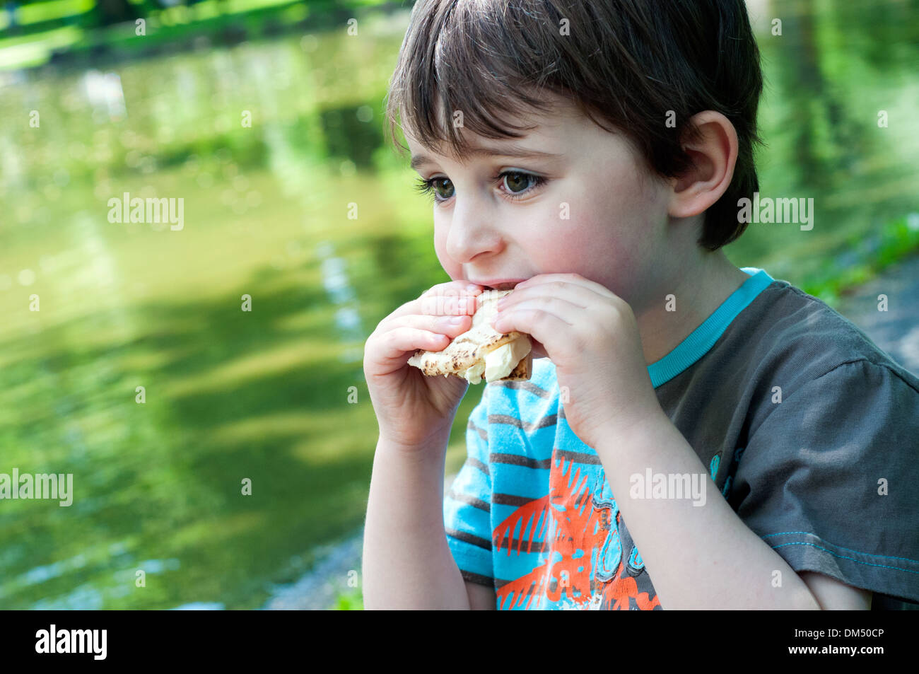 Bambino mangiare panino al formaggio, Foto Stock