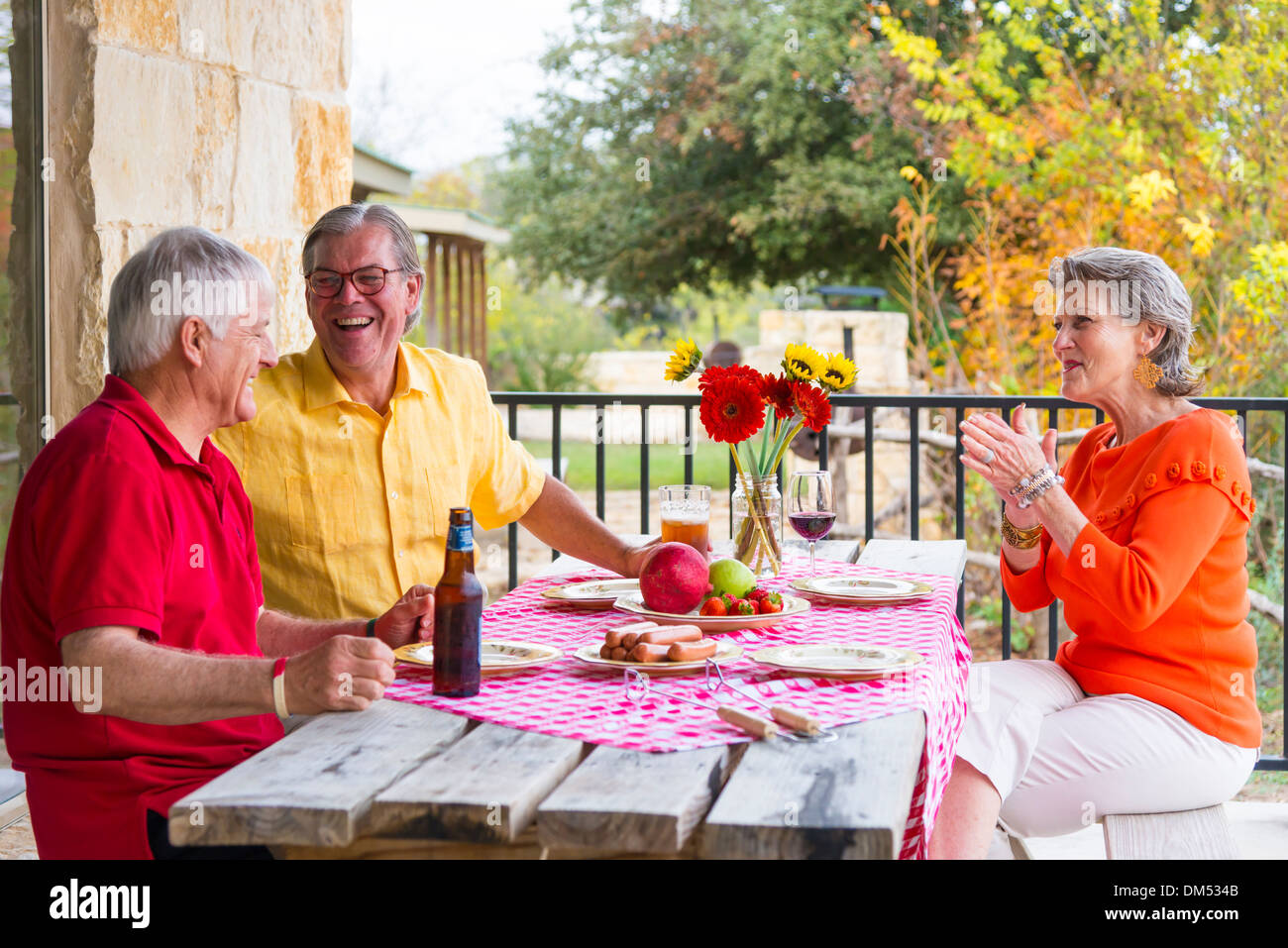 I pensionati, due me, una donna in un cortile barbecue party. Il cibo sulla tavola. Gli uomini sono bere birra, donne di bere vino. Foto Stock