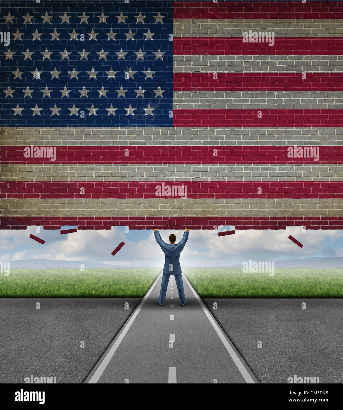 In pausa il mercato americano concetto aziendale con un imprenditore solleva un muro di mattoni con la bandiera degli Stati Uniti dipinta sulla superficie come una metafora per accedere alla libertà di commercio e di nuove opportunità di investimento. Foto Stock