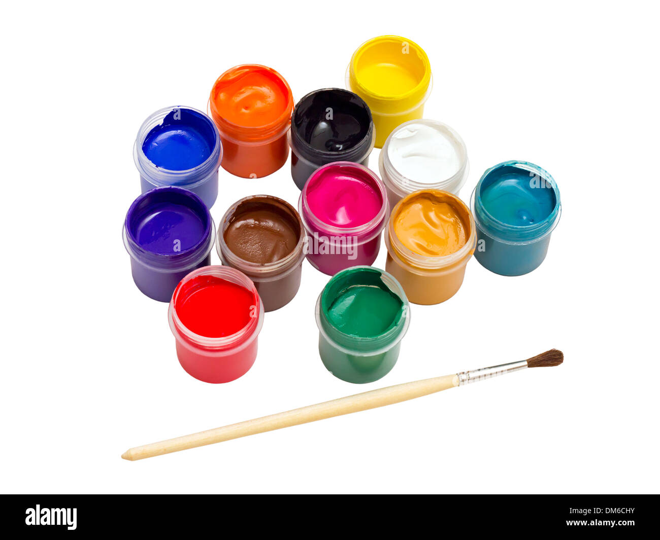 Gouache colorate di vernice e pennello isolati su sfondo bianco Foto Stock