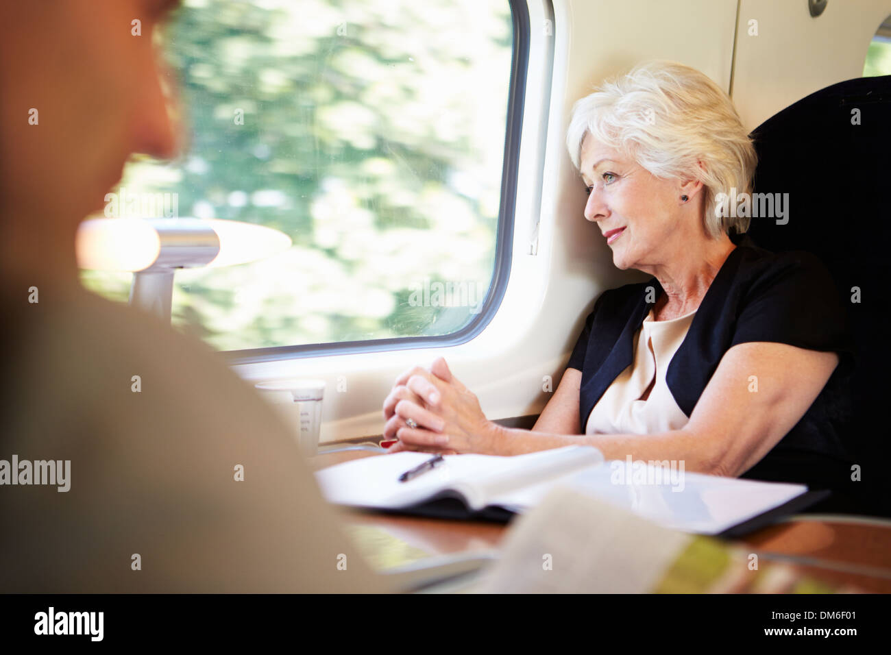 Imprenditrice rilassante sul viaggio In treno Foto Stock