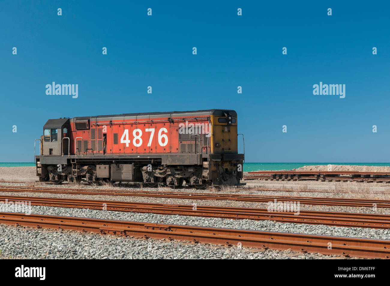 Una locomotiva nei pressi della stazione ferroviaria di Oamaru, North Otago, South Island, in Nuova Zelanda. Foto Stock