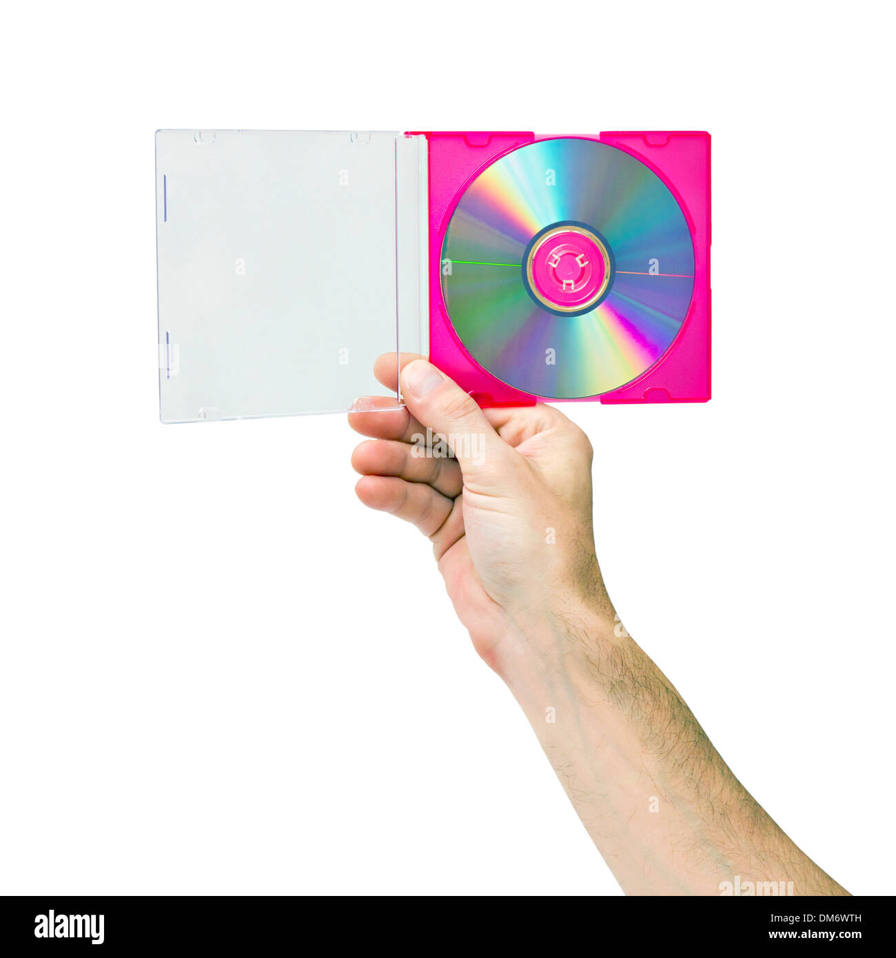 Aprire la scatola con un dvd in una mano d'uomo isolato su sfondo bianco Foto Stock