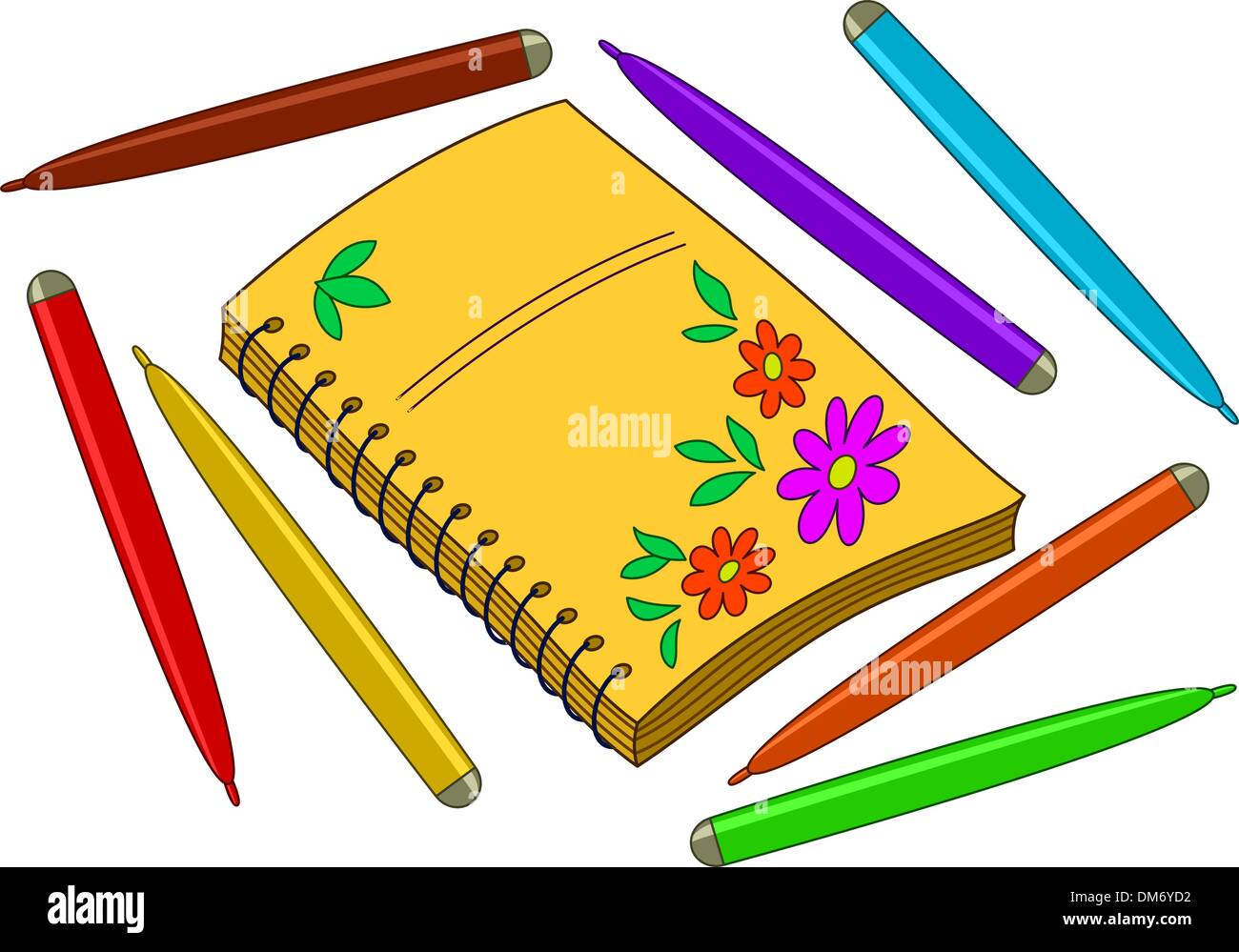 Notebook con fiori e pennarelli Illustrazione Vettoriale