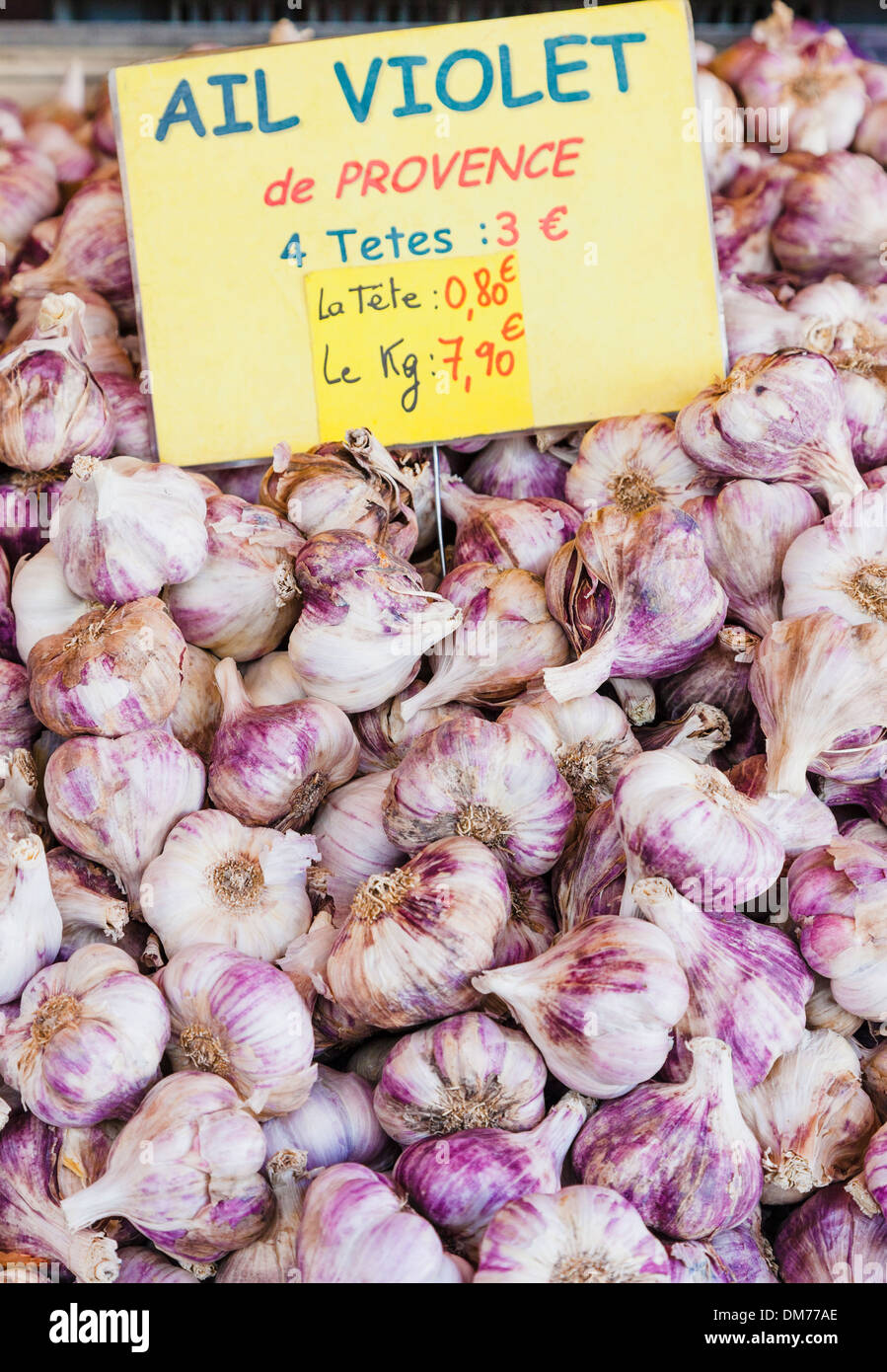 Ail aglio Viola per la vendita nel mercato in Annecy città vecchia, Annecy, Savoie, Francia Foto Stock
