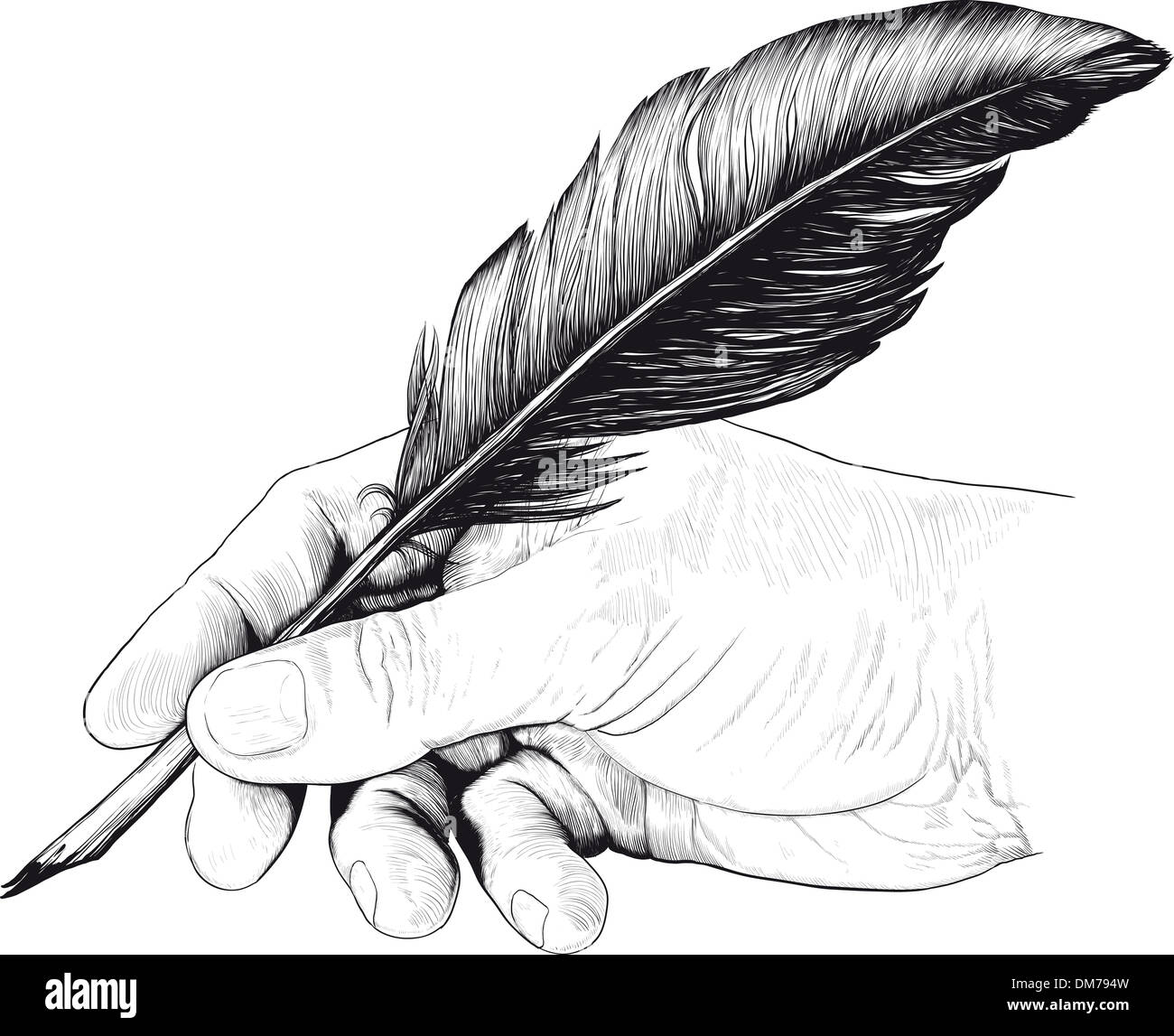 Disegno della mano con una penna di piuma Foto stock - Alamy