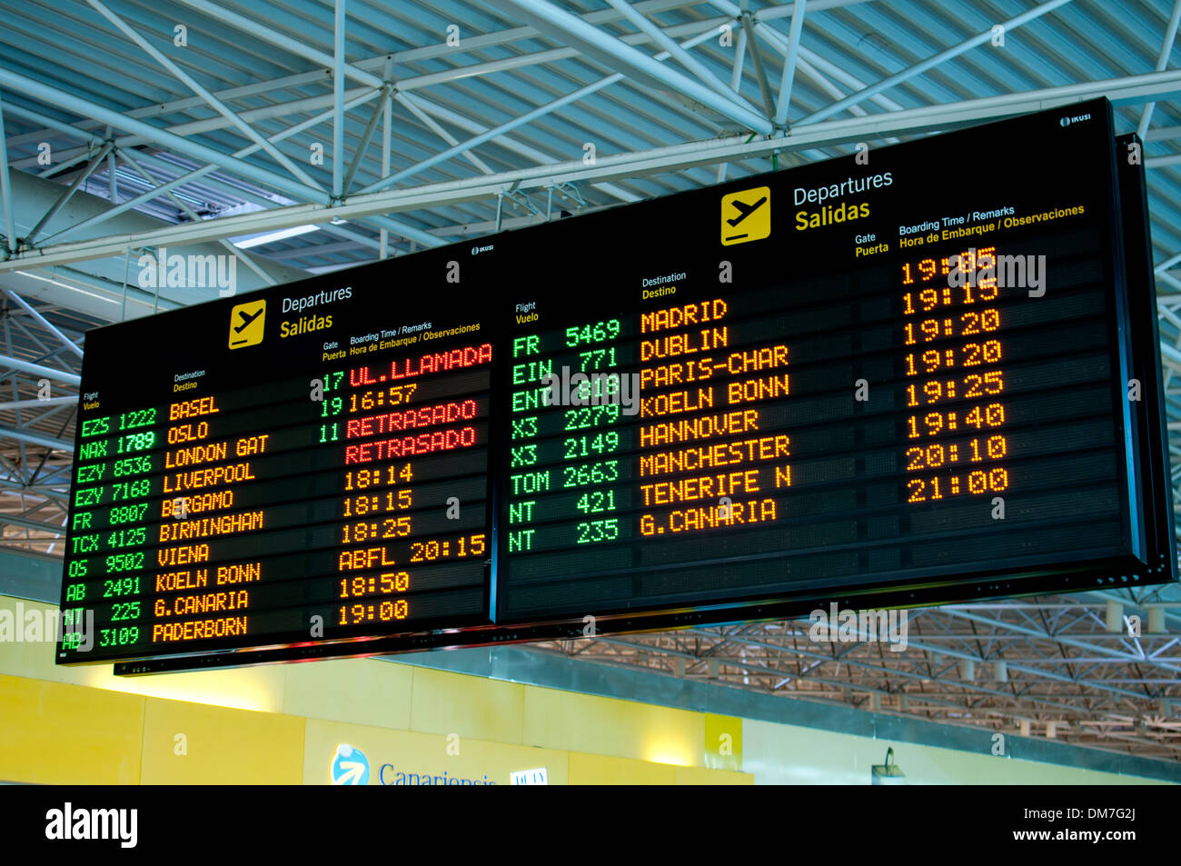 Scheda di partenze, Aeroporto di Fuerteventura, Isole Canarie, Spagna Foto Stock