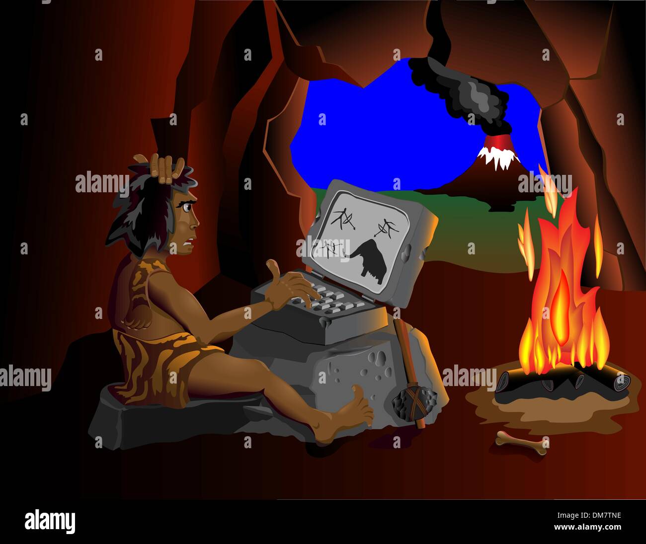 Il calcolatore conosce persino cavemen seduti intorno al fuoco Illustrazione Vettoriale