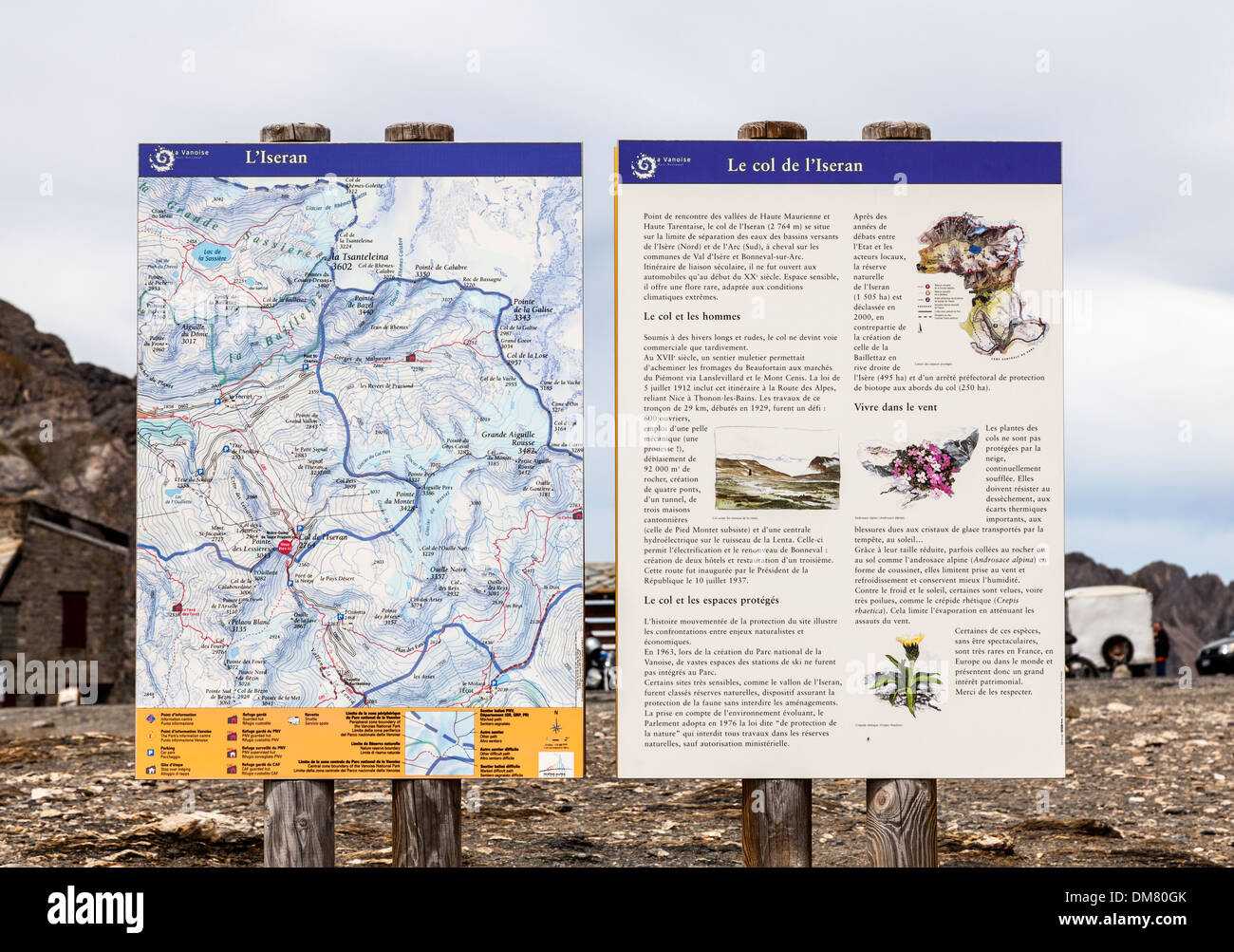 Col d'Iseran flaura, la fauna e la mappa a piedi commissioni informazioni al Col d'Iseran, Savoie, Francia Foto Stock