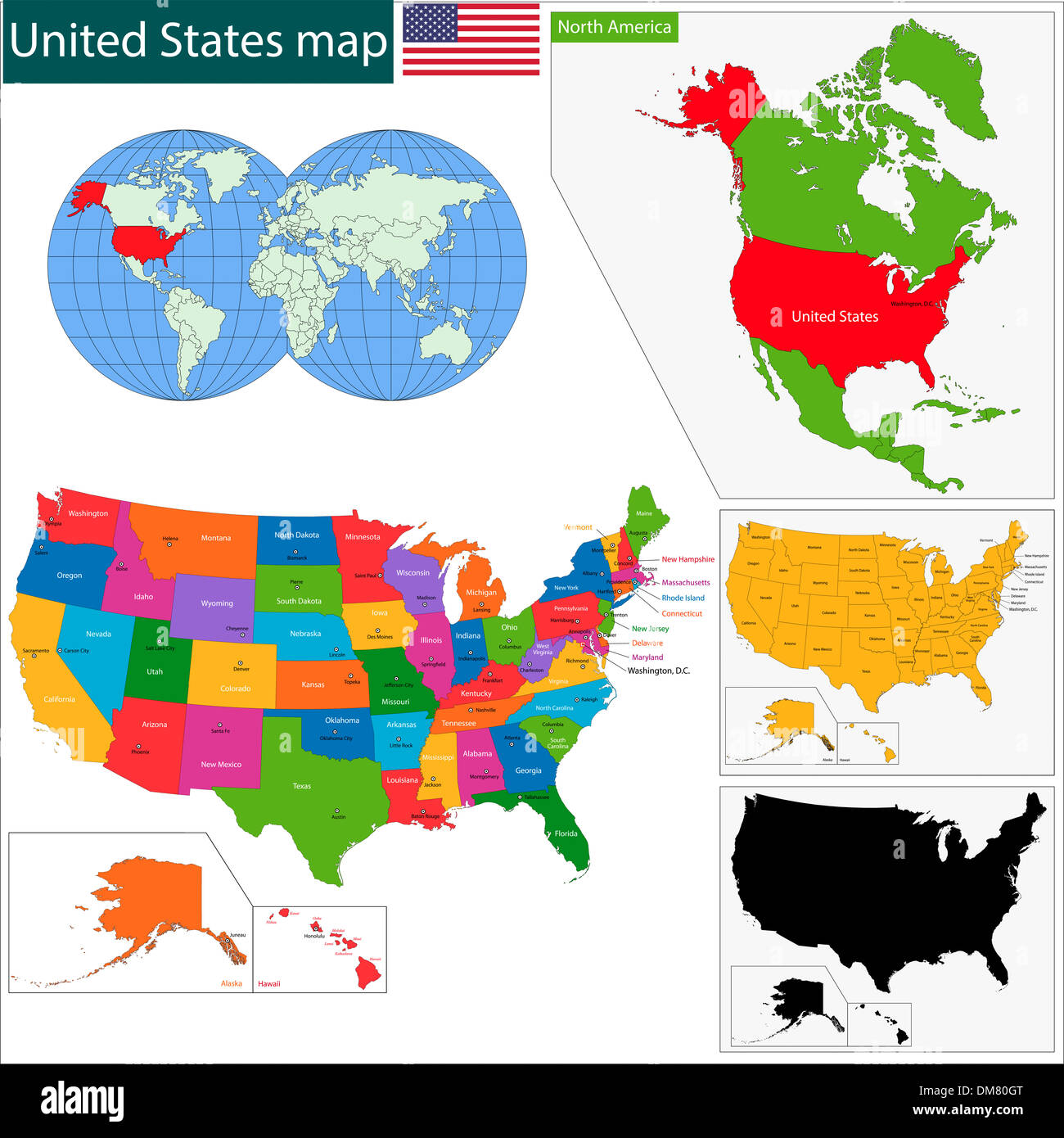 Colorata mappa USA Foto Stock