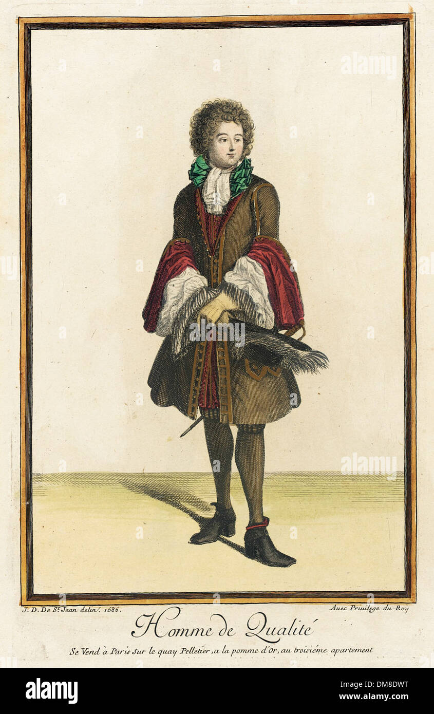 Un'illustrazione in costume del "Recueil des mode de la cour de France", raffigurante la moda della corte francese durante la fine del XVIII secolo, in particolare l'abbigliamento di un "Homme de Qualité". Foto Stock