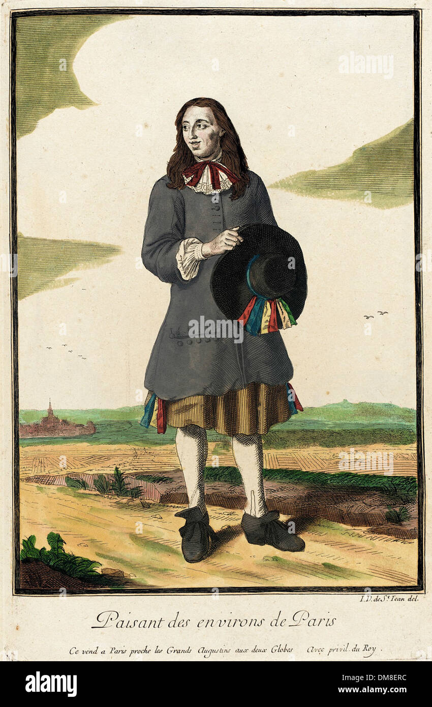"Recueil des modes de la cour de France" è una collezione di moda di corte francese del XVIII secolo. La sezione "Paisant des Environs de Paris" raffigura l'abbigliamento rurale dei contadini parigini, offrendo una visione d'insieme delle tendenze culturali e della moda dell'epoca. Il lavoro include tessuti, costumi e l'evoluzione della moda in diverse regioni. Foto Stock