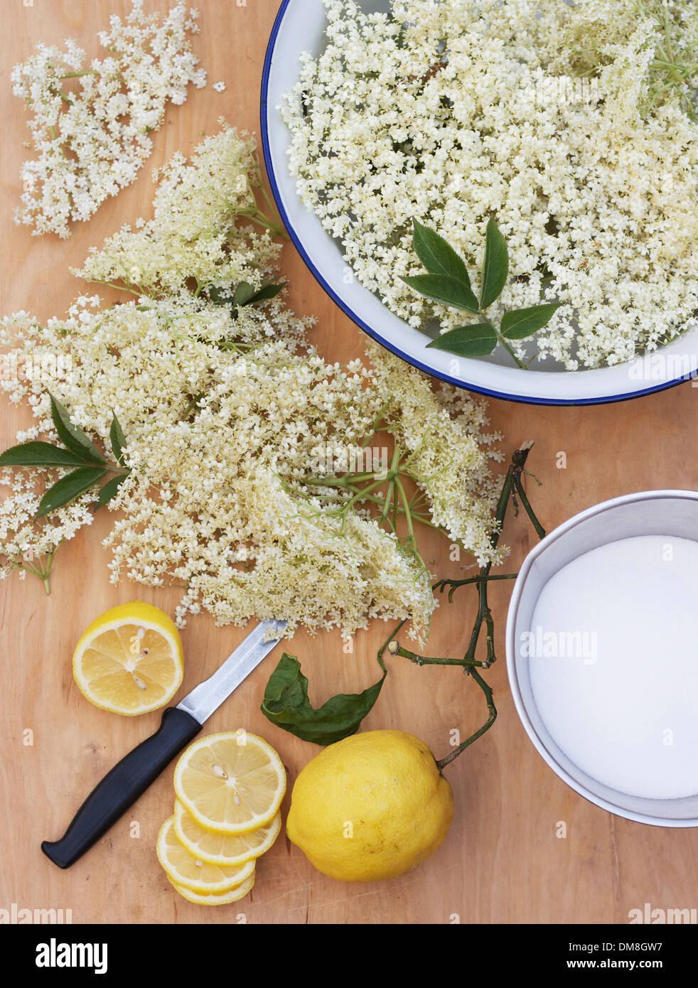Rendendo lâ Elderflower cordial con fiori, limone e zucchero Foto Stock