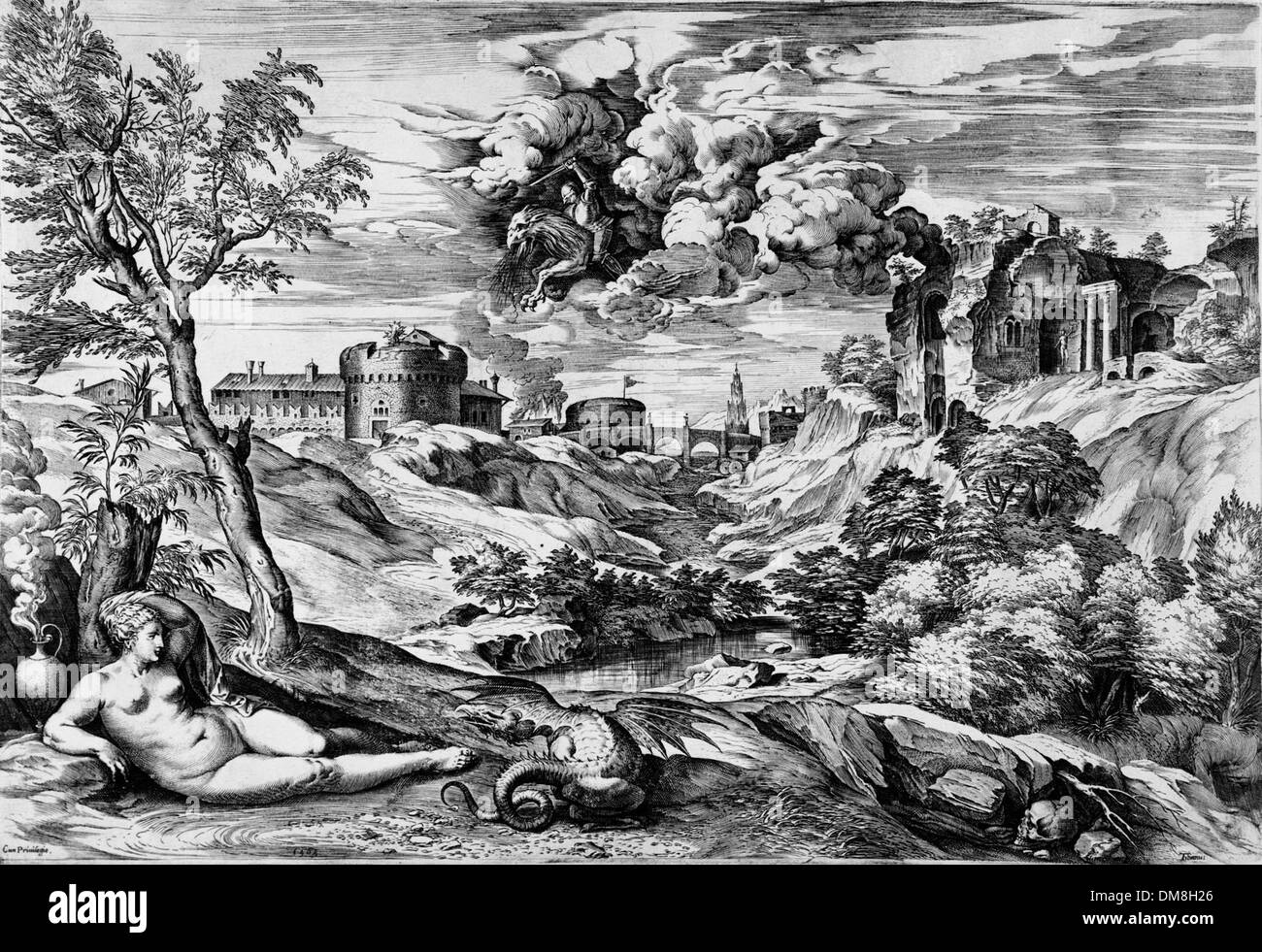 Questa opera d'arte rappresenta la scena mitologica dell'Orlando Furioso, dove Ruggiero salva Angelica. Il pezzo presenta vivaci rappresentazioni dell'eroico salvataggio e temi mitici della letteratura italiana. Foto Stock