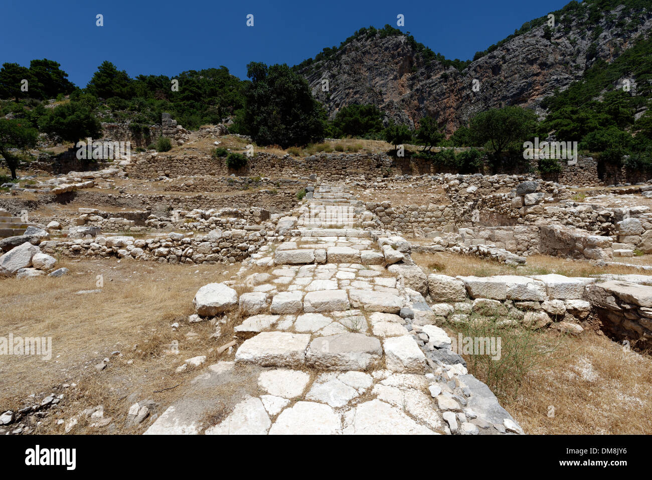 Vista di una antica scalinata che conduce al sito archeologico della antica città Lycian di Arykanda, nella Turchia meridionale. Foto Stock
