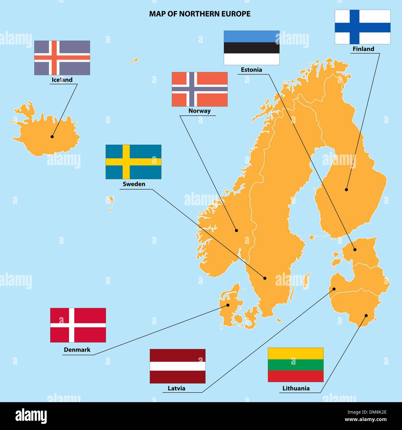 Mappa e bandiere del Nord Europa Illustrazione Vettoriale