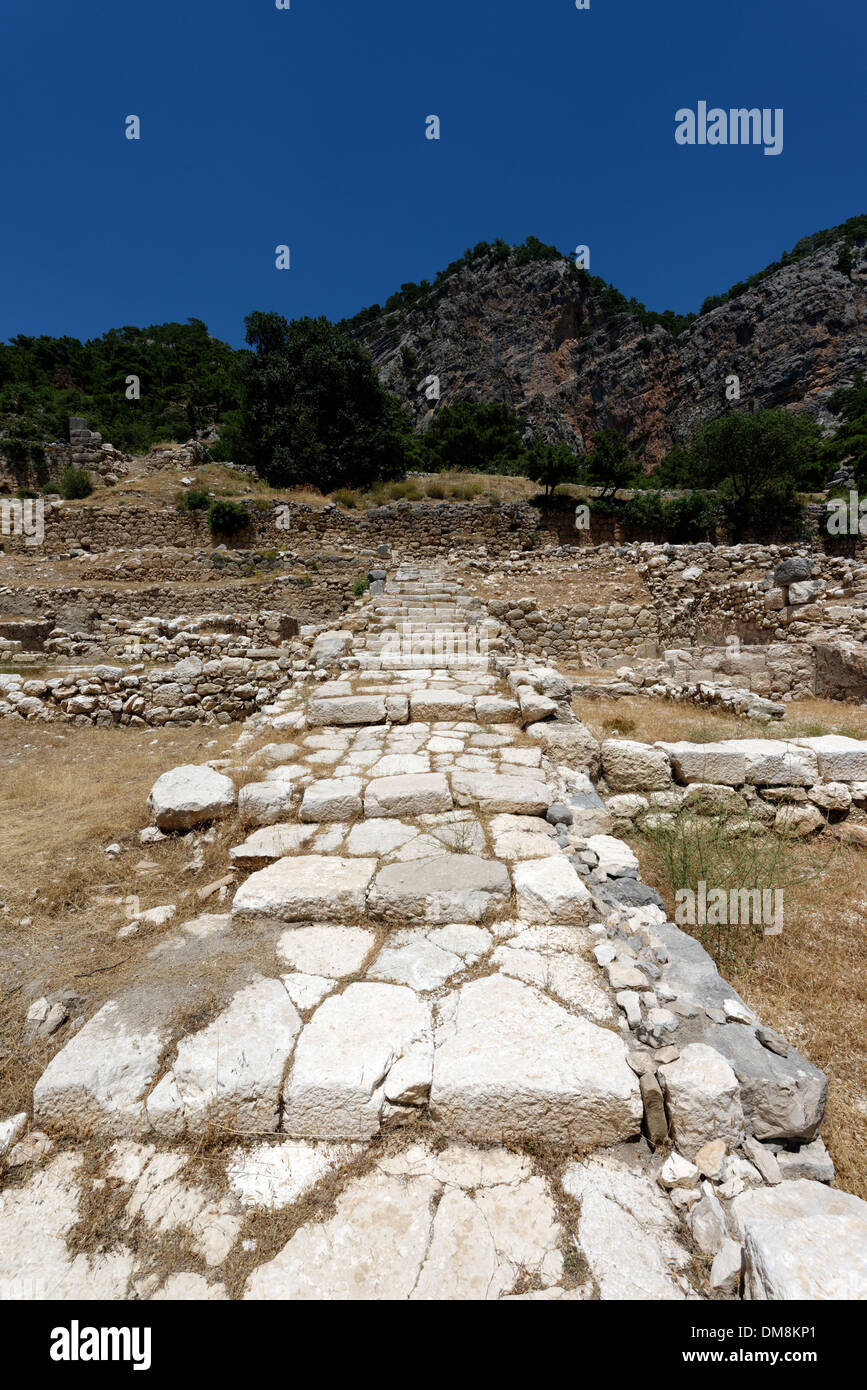 Vista di una antica scalinata che conduce al sito archeologico della antica città Lycian di Arykanda, nella Turchia meridionale. Foto Stock