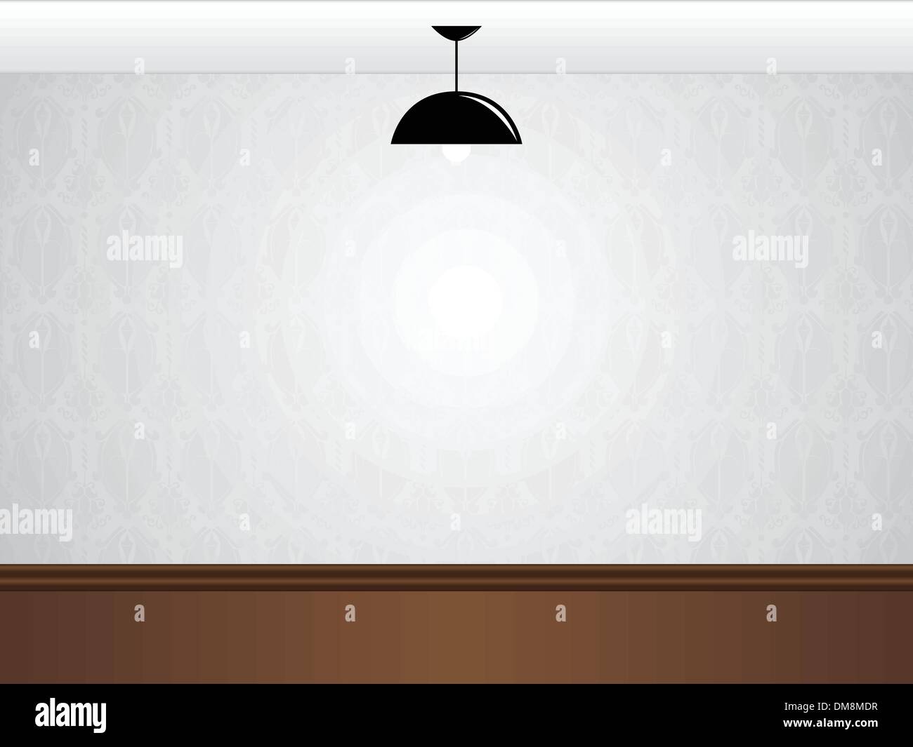 Vuoto bianco parete di camera con lampada nera e pavimento in legno Illustrazione Vettoriale