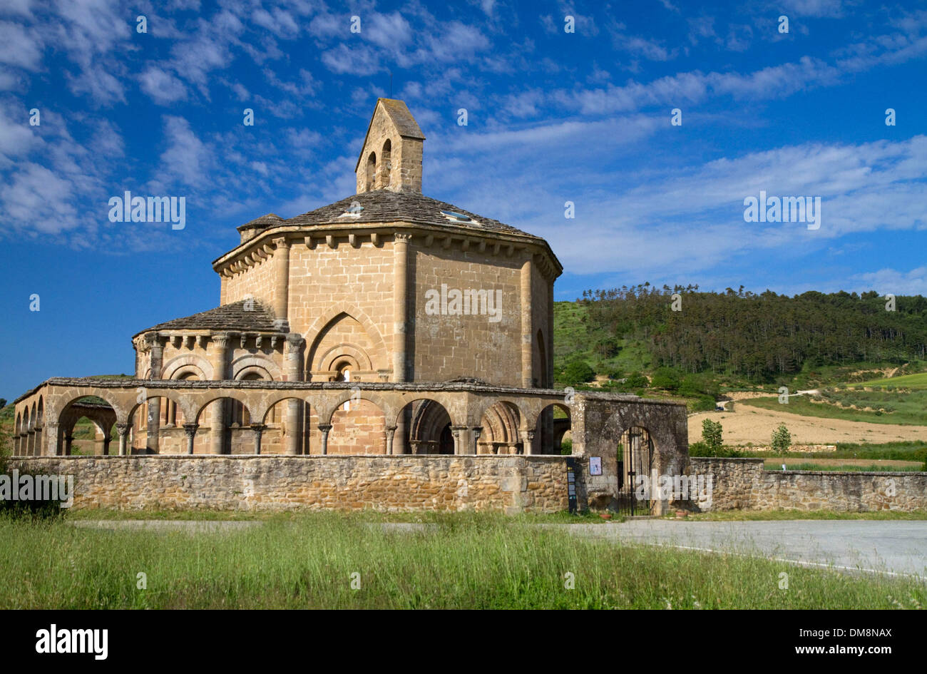 Chiesa di Santa Maria di Eunate lungo il Camino de Santiago, la strada di San Giacomo percorso del pellegrinaggio, Navarra, Spagna. Foto Stock