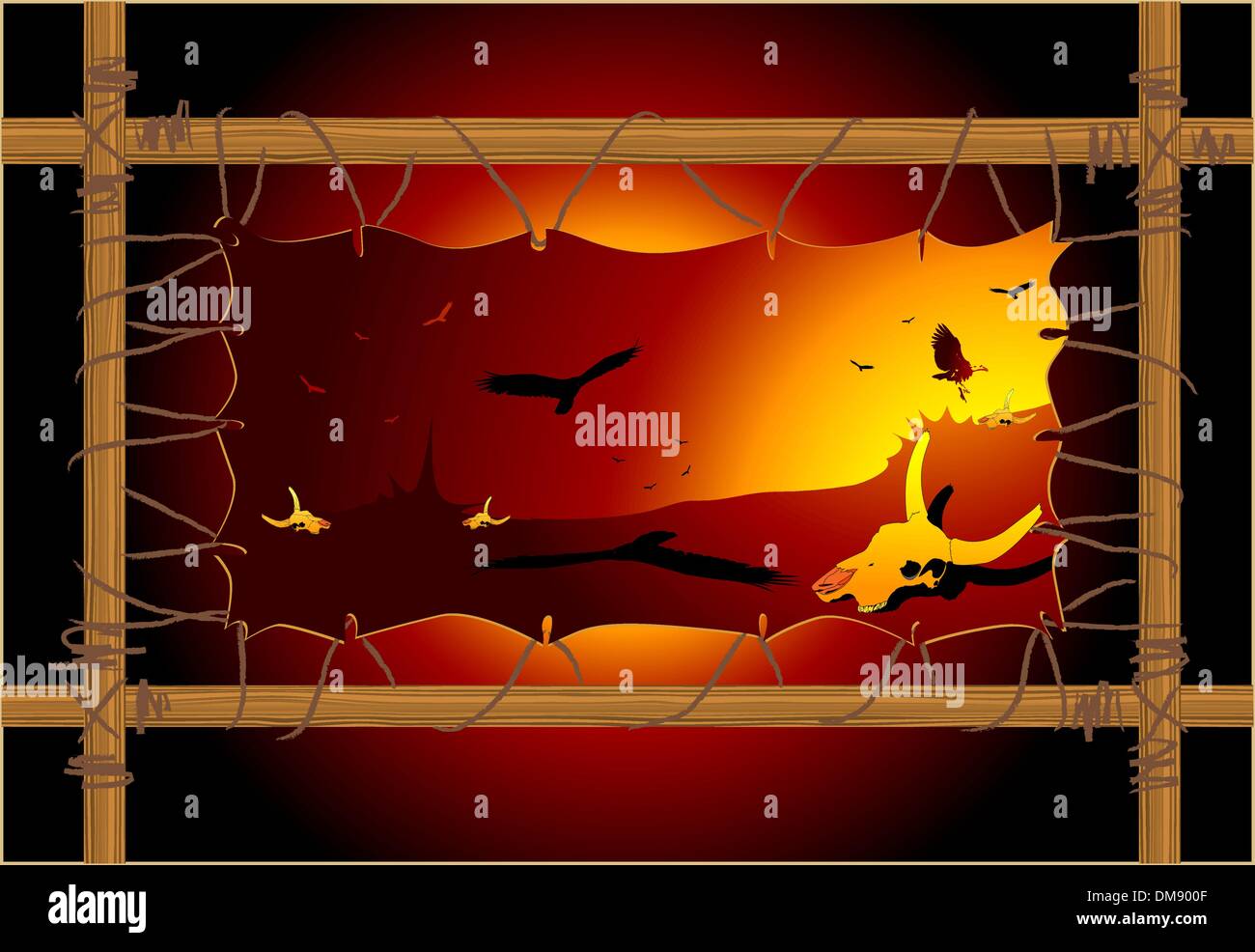 Deserto secco, avvoltoio e cow cranio Illustrazione Vettoriale